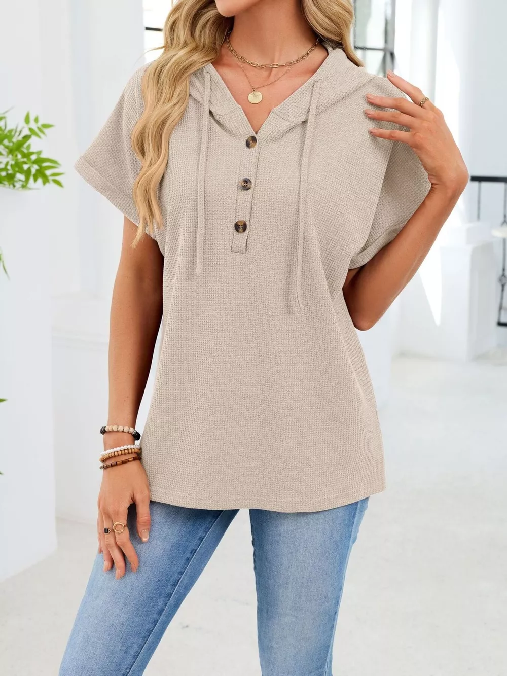 Casual Waffle Knit Button Detail Hooded Top, image 16