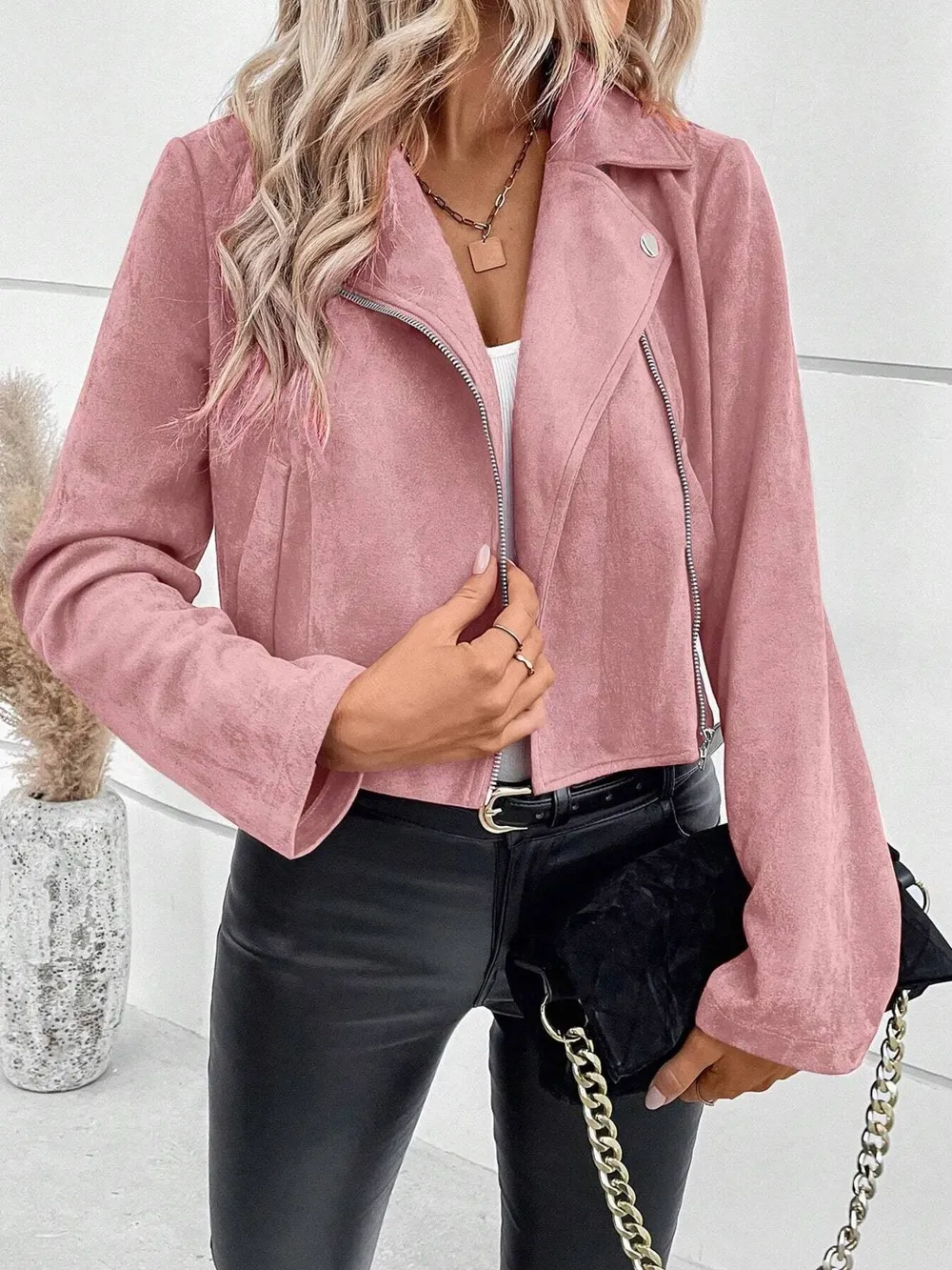 Zip Up Suede Cropped Moto Jacket, image 14