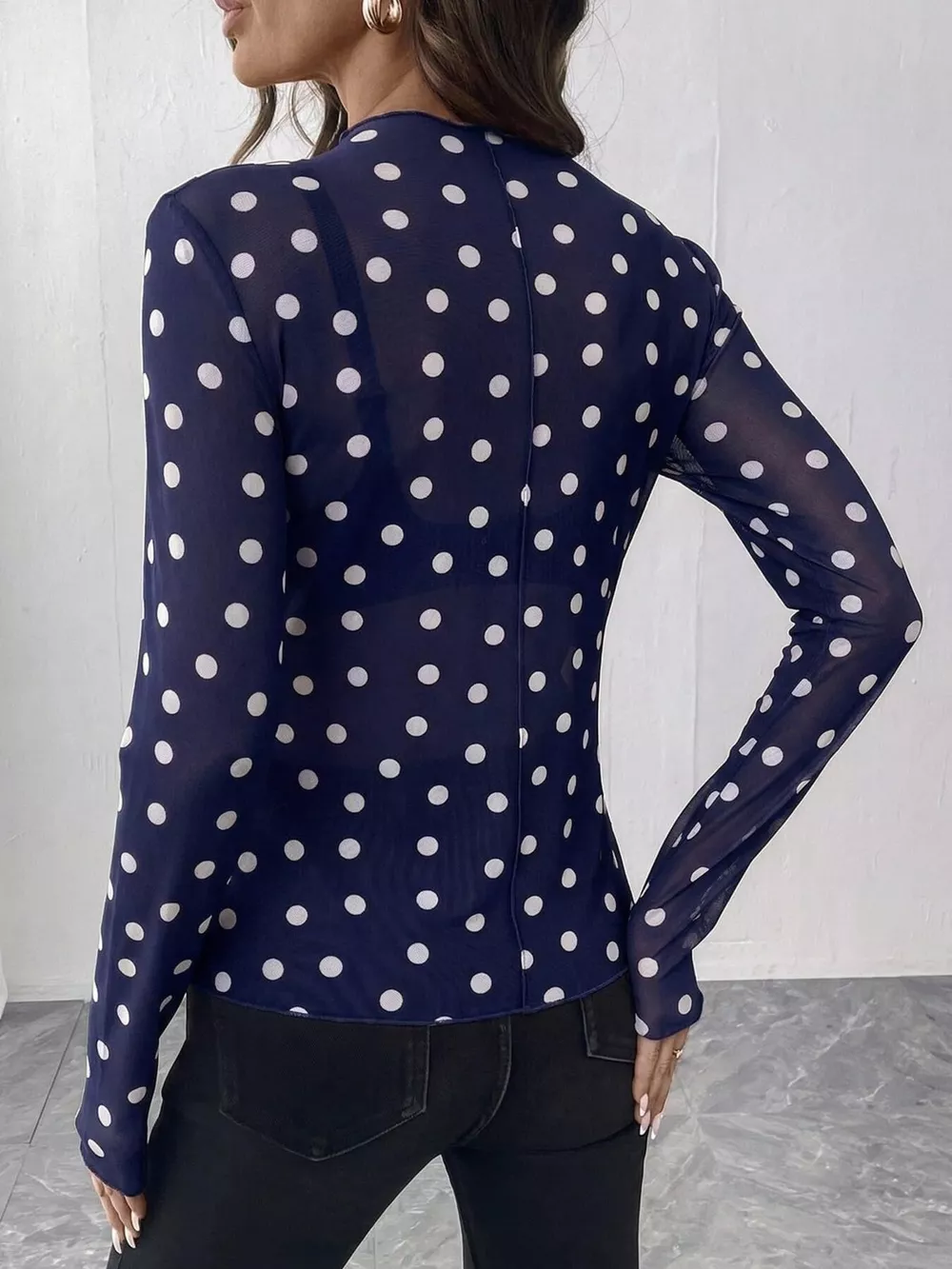 Sheer Polka Dot Long Sleeve Mock Neck Top, image 15