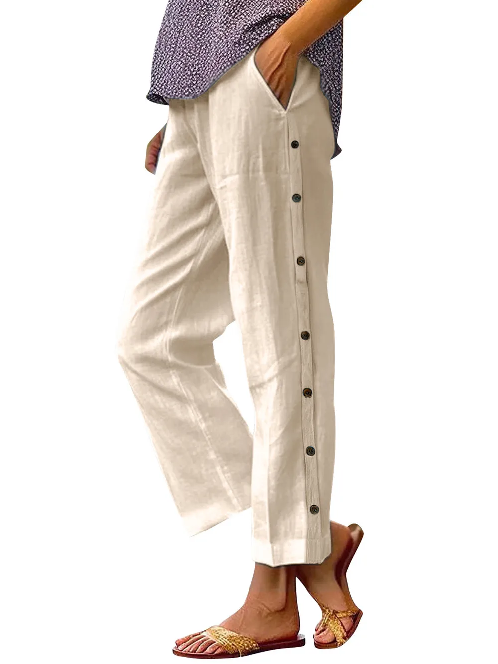 Full Size Side Decor Button Casual Wide Leg Pants Plus Size, image 15