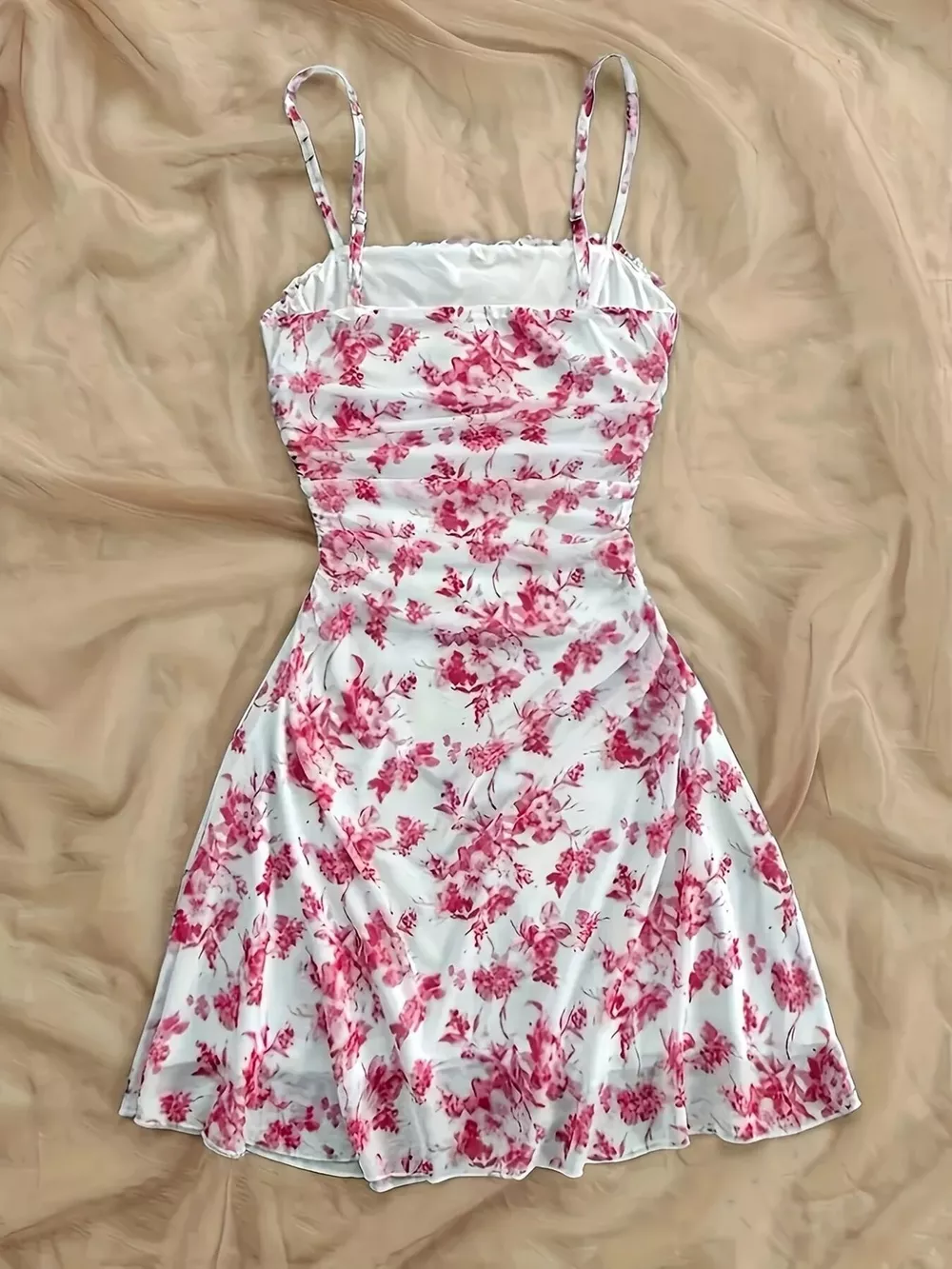 Floral Ruched Spaghetti Strap Mini Dress, image 4
