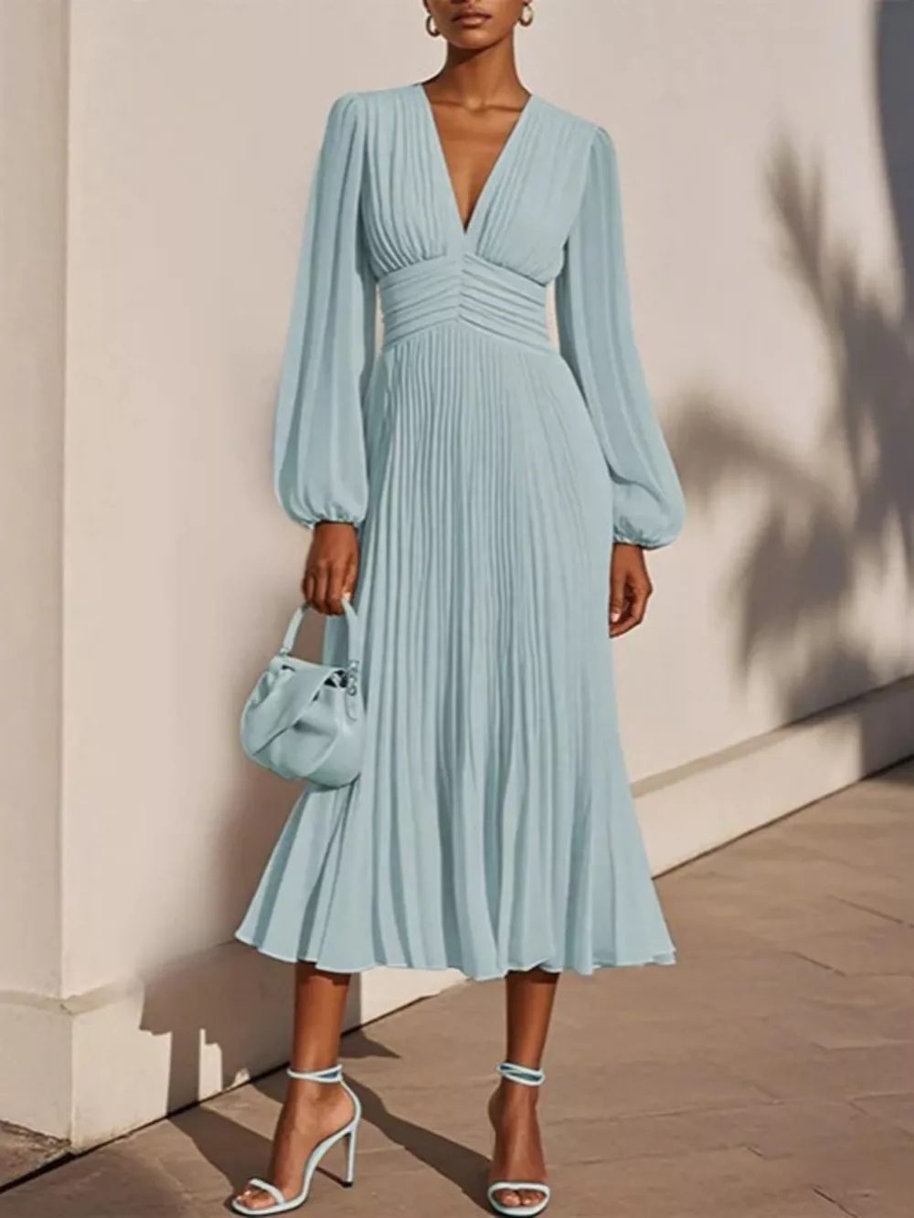 Pleated V-Neck Chiffon Midi Dress