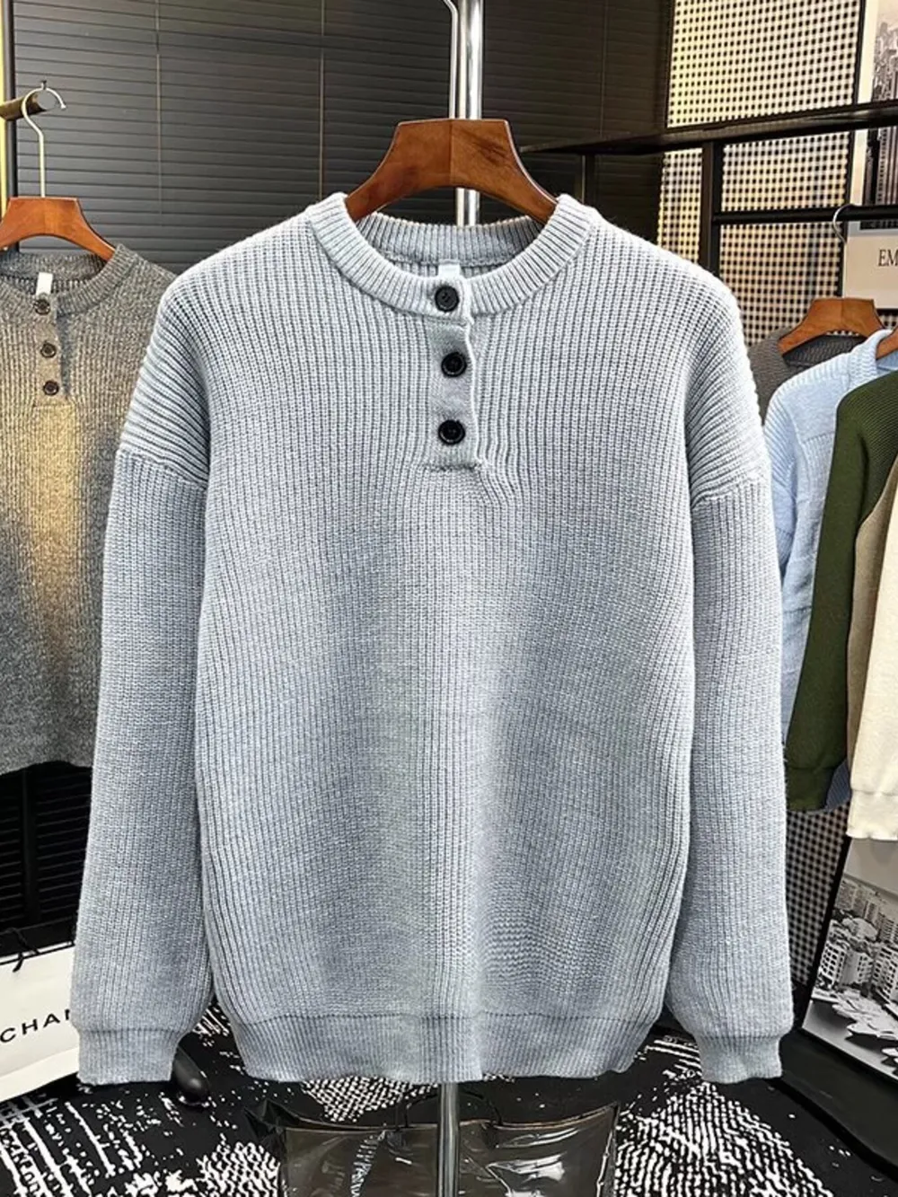 Men's Plus Size Button Detail Dropped Shoulder Sweater, image 3