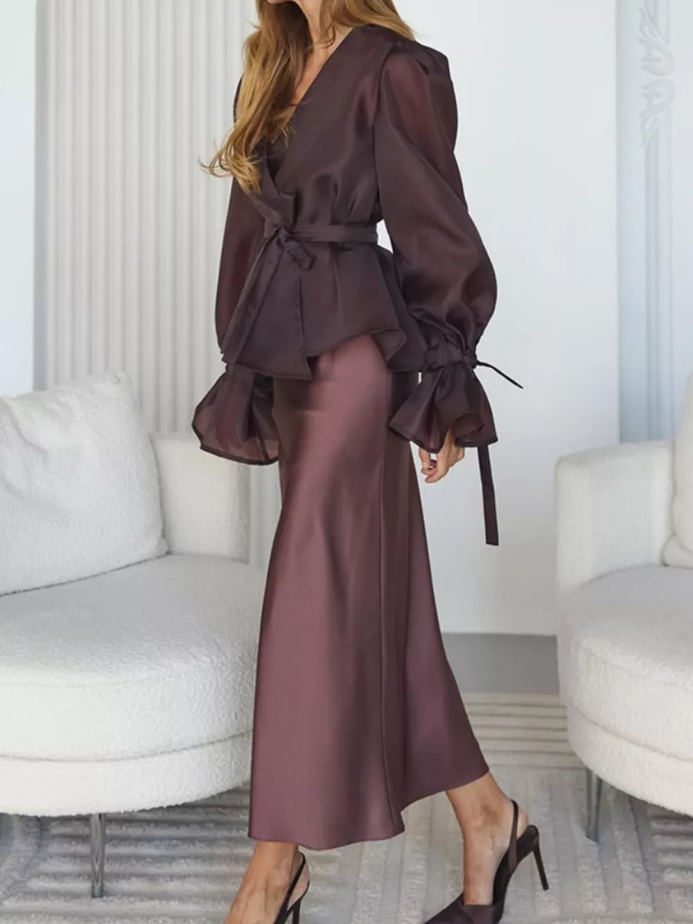 Flounce Sleeve Blouse and Satin Midi Skirt Two-Piece Set, image 7