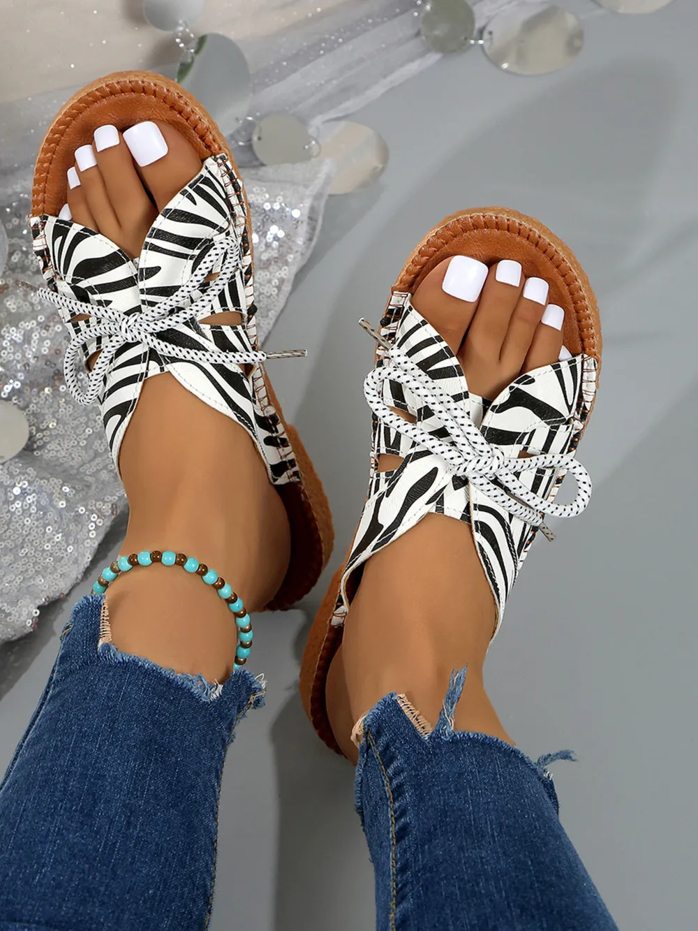 Printed Tied Flat Sandals, image 5