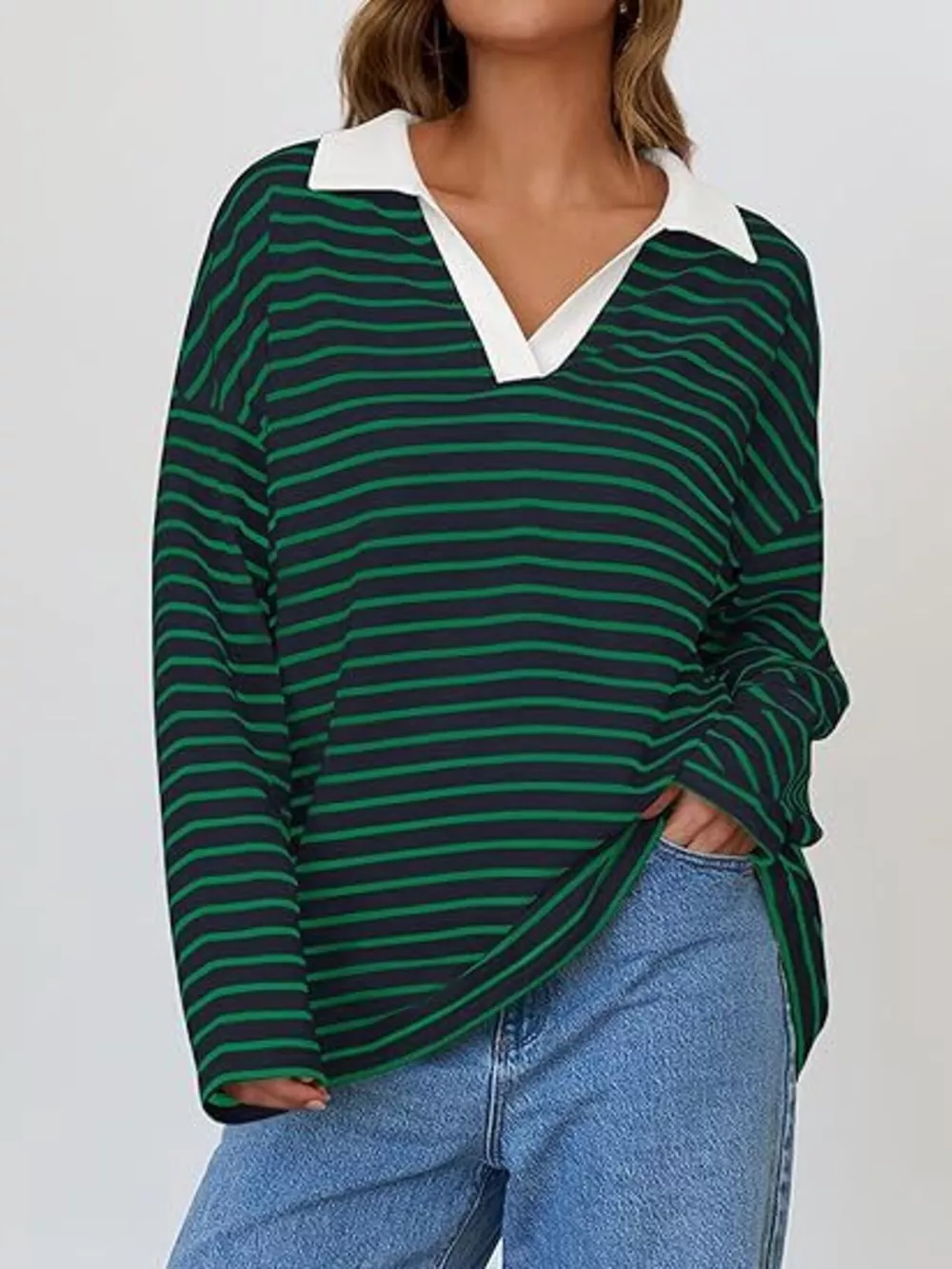Striped Contrast Collar Long Sleeve Top, image 19