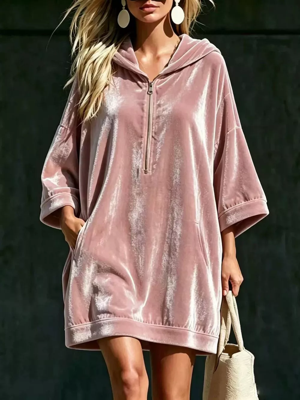 Full Size Half-Zip 3/4 Sleeve Hoodie Dress Plus Size, image 5