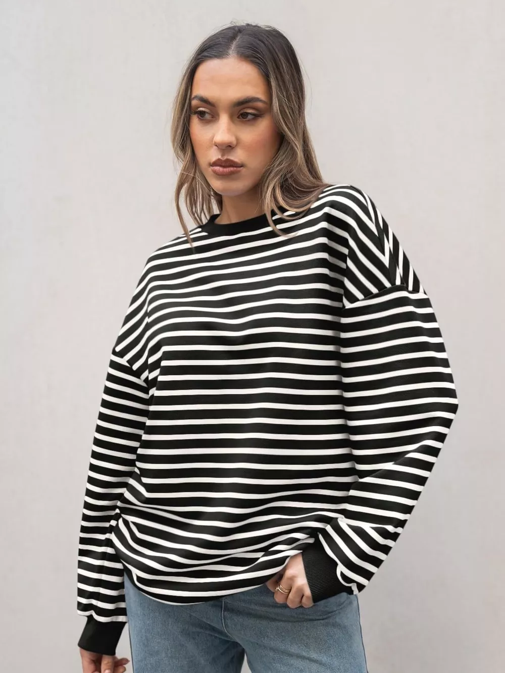 Striped Round Neck Oversized Casual Sweatshirt, image 7
