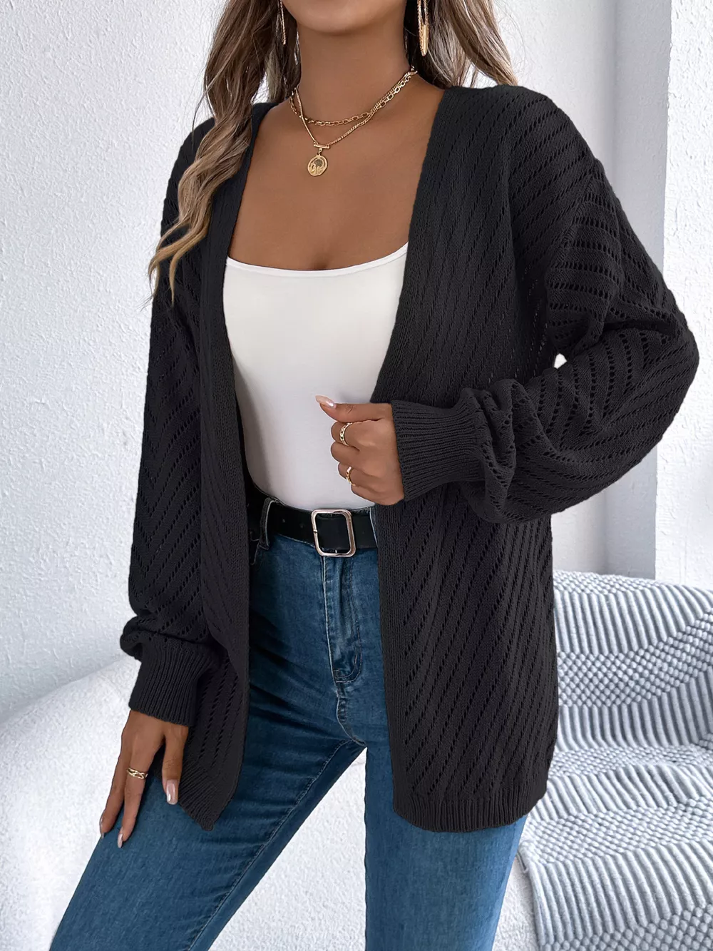 Openwork Open-Front Long Sleeve Cardigan, image 11