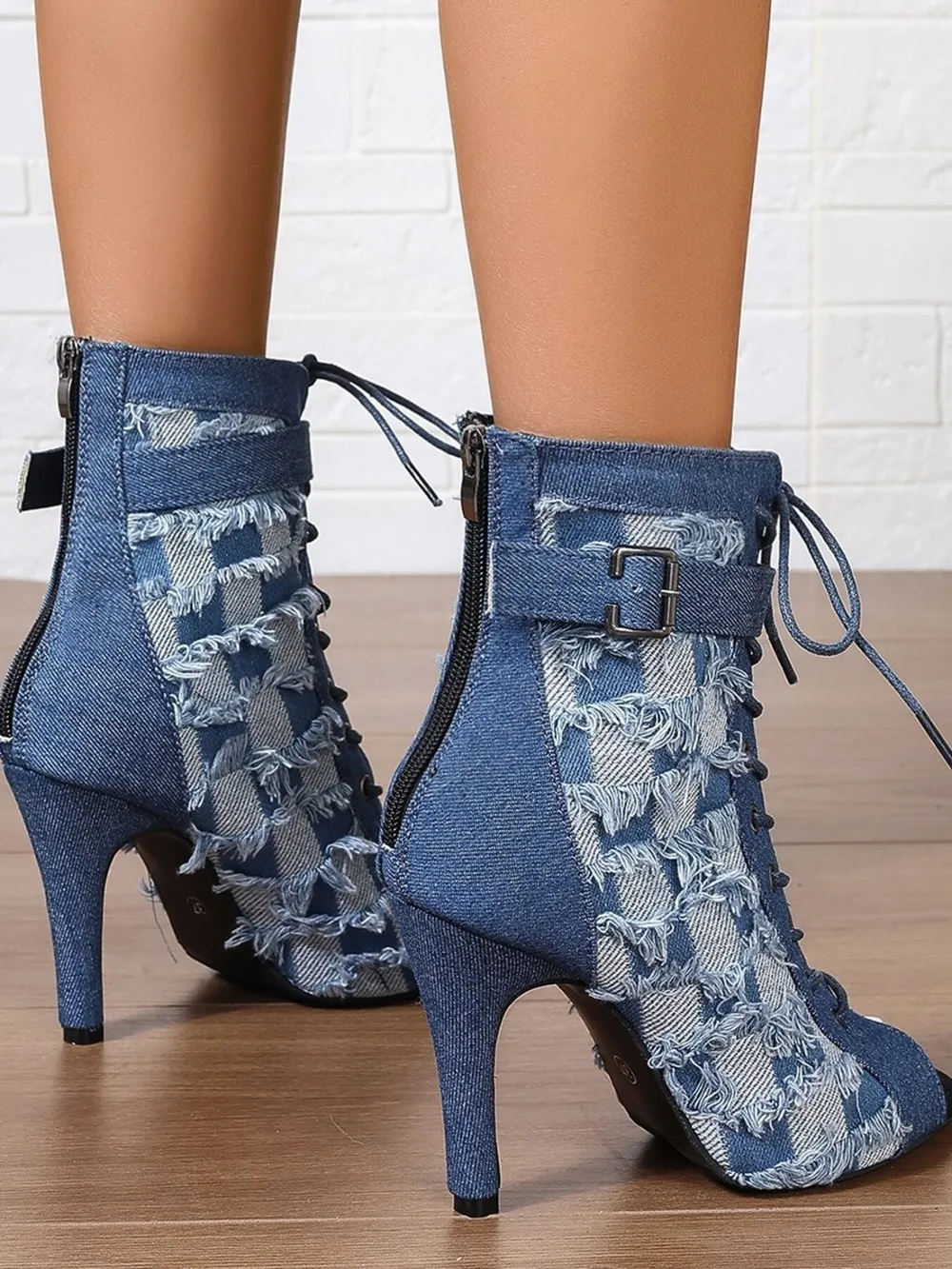 Distressed Denim Lace-Up Peep Toe Ankle Boots, image 3