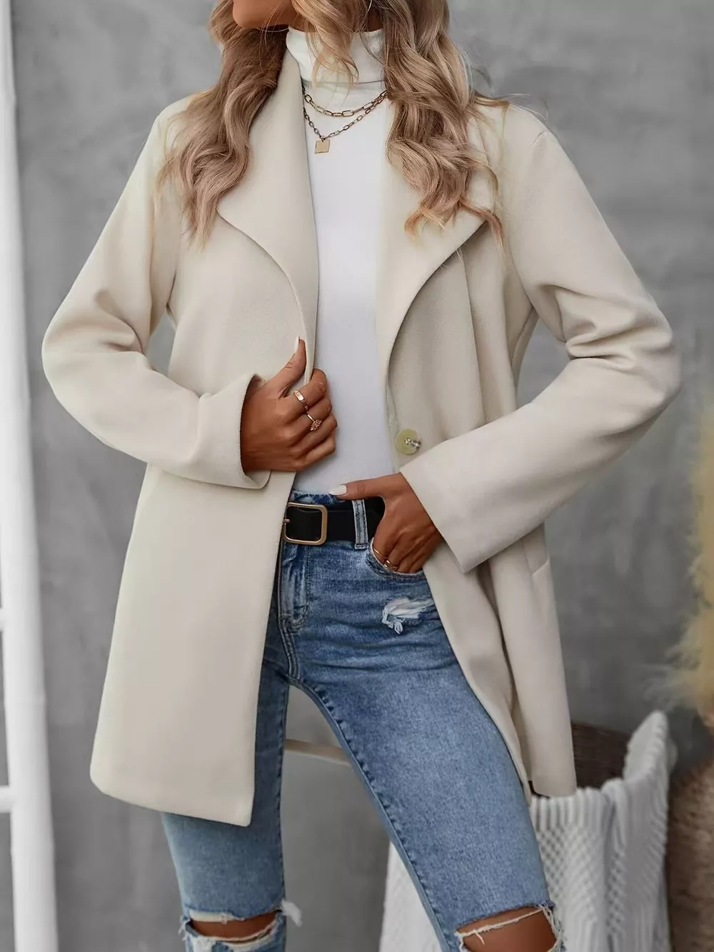 Lapel Collar Single-Button Wool Blend Overcoat
