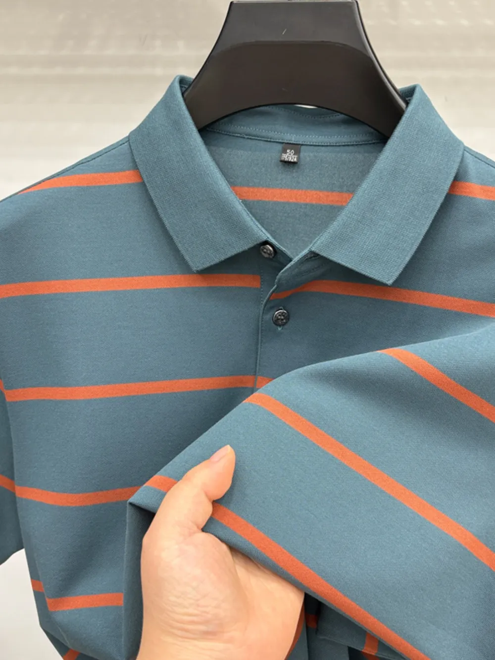 Men's Plus Size Striped Button Detail Short Sleeve Polo, image 6