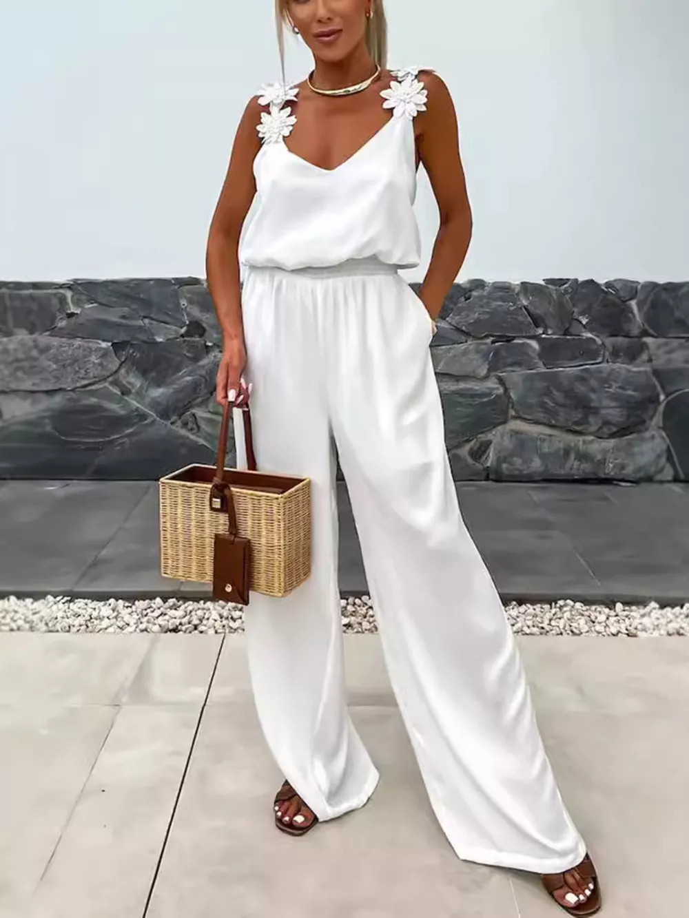 Floral Applique V-Neck Wide Leg Jumpsuit, image 7