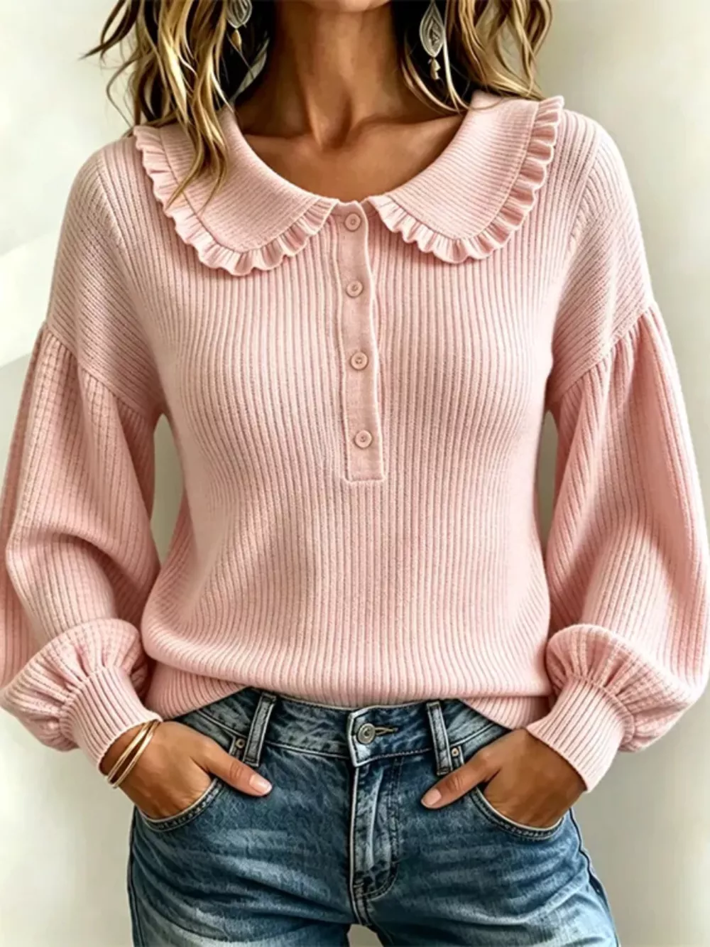 Full Size Ruffle Collar Button Detail Sweater Plus Size, image 8