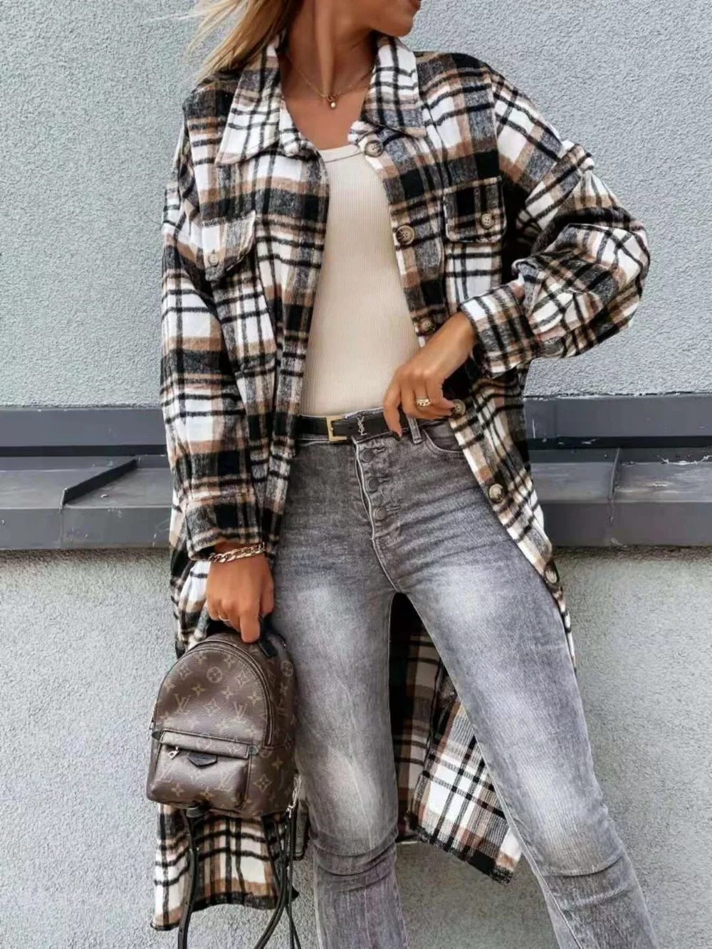 Plaid Button Up Longline Shacket, image 12