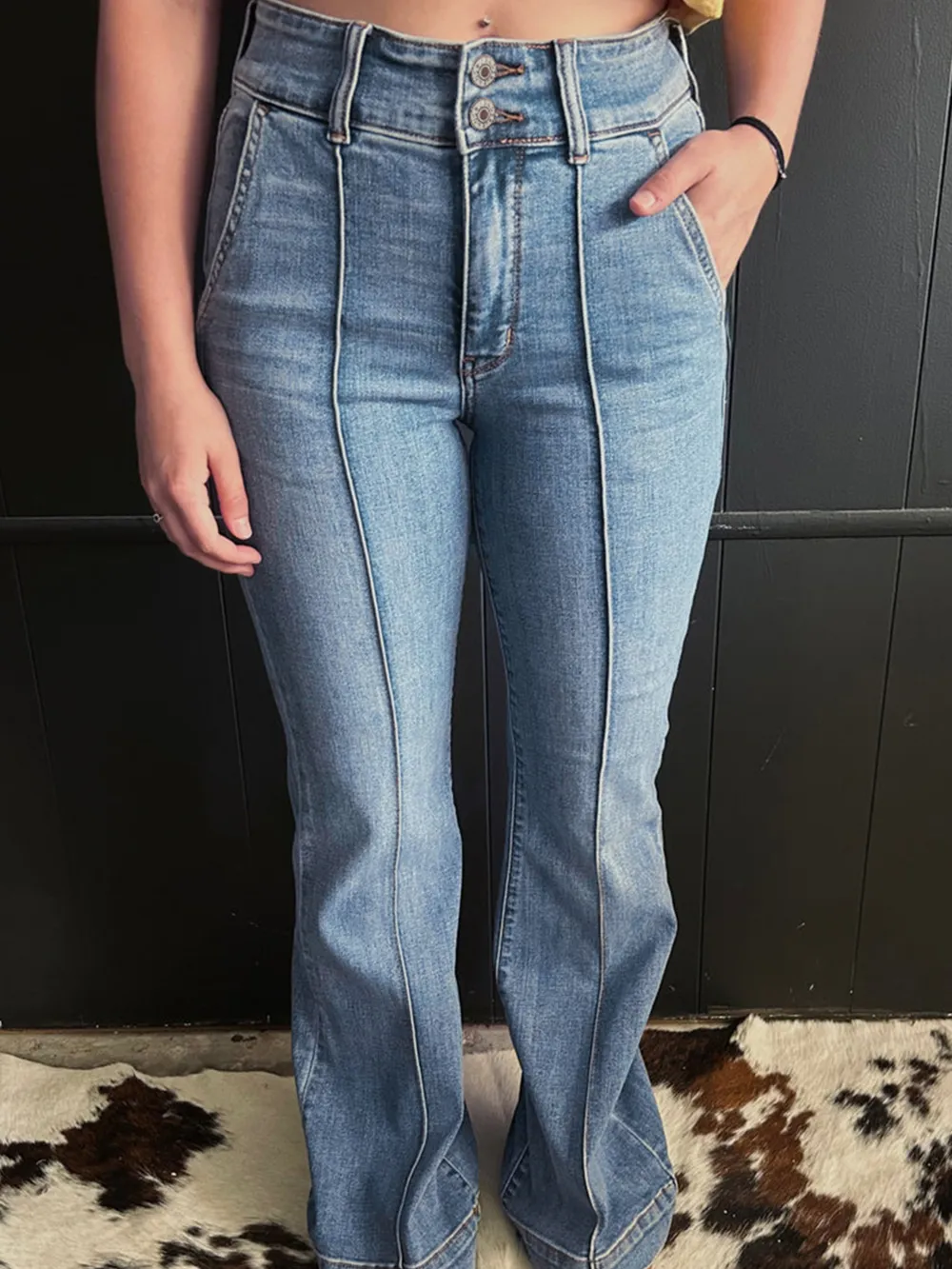 High-Waisted Flare Jeans with Seam Detail