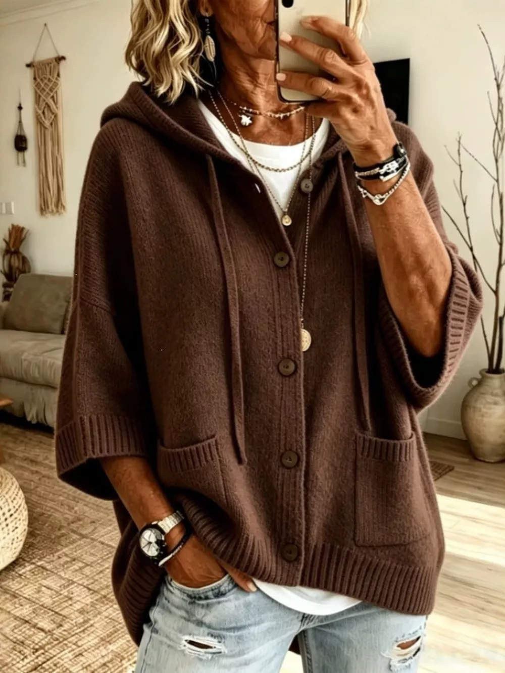 Hooded Button-Down Knit Cardigan, image 10