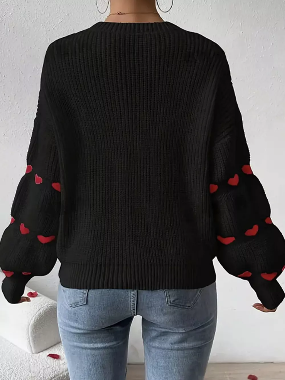 Heart Pattern Dropped Shoulder Sweater, image 7