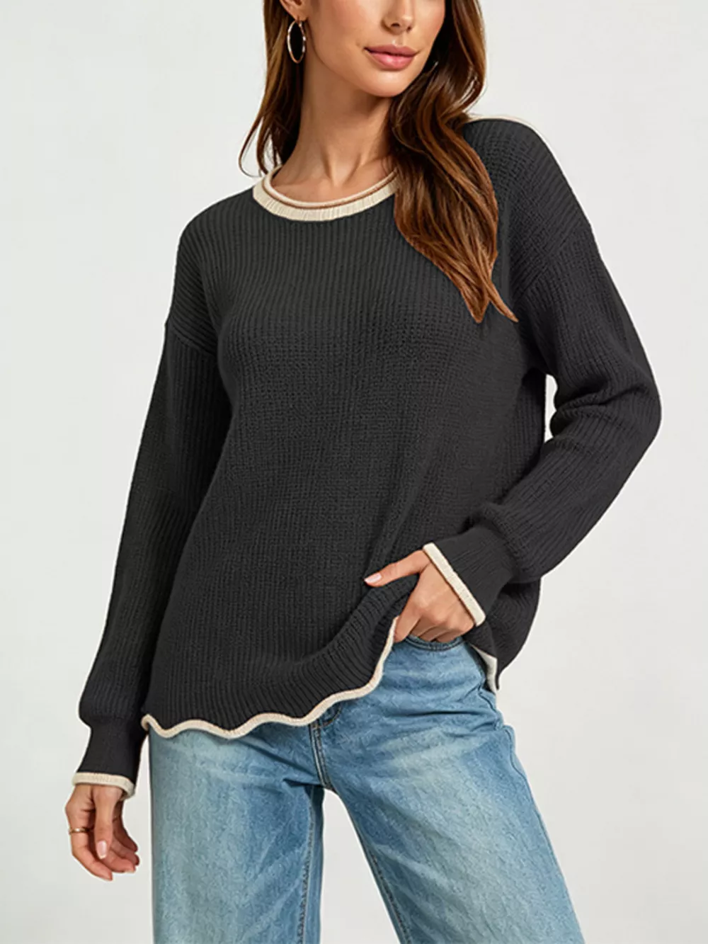 Contrast Trim Scalloped Hem Ribbed Knit Sweater, image 5