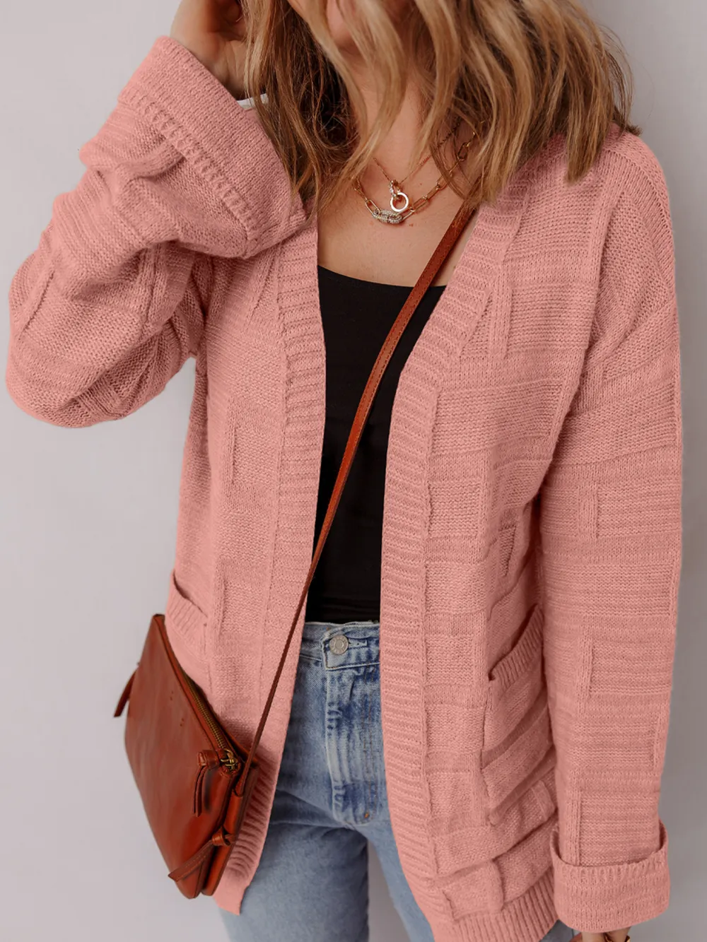Textured Knit Open Front Cardigan with Pockets, image 15
