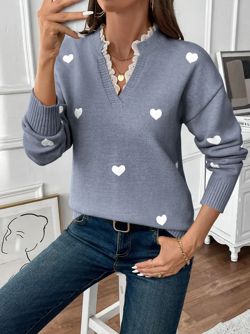 Heart V-Neck Long Sleeve Sweater, image 10