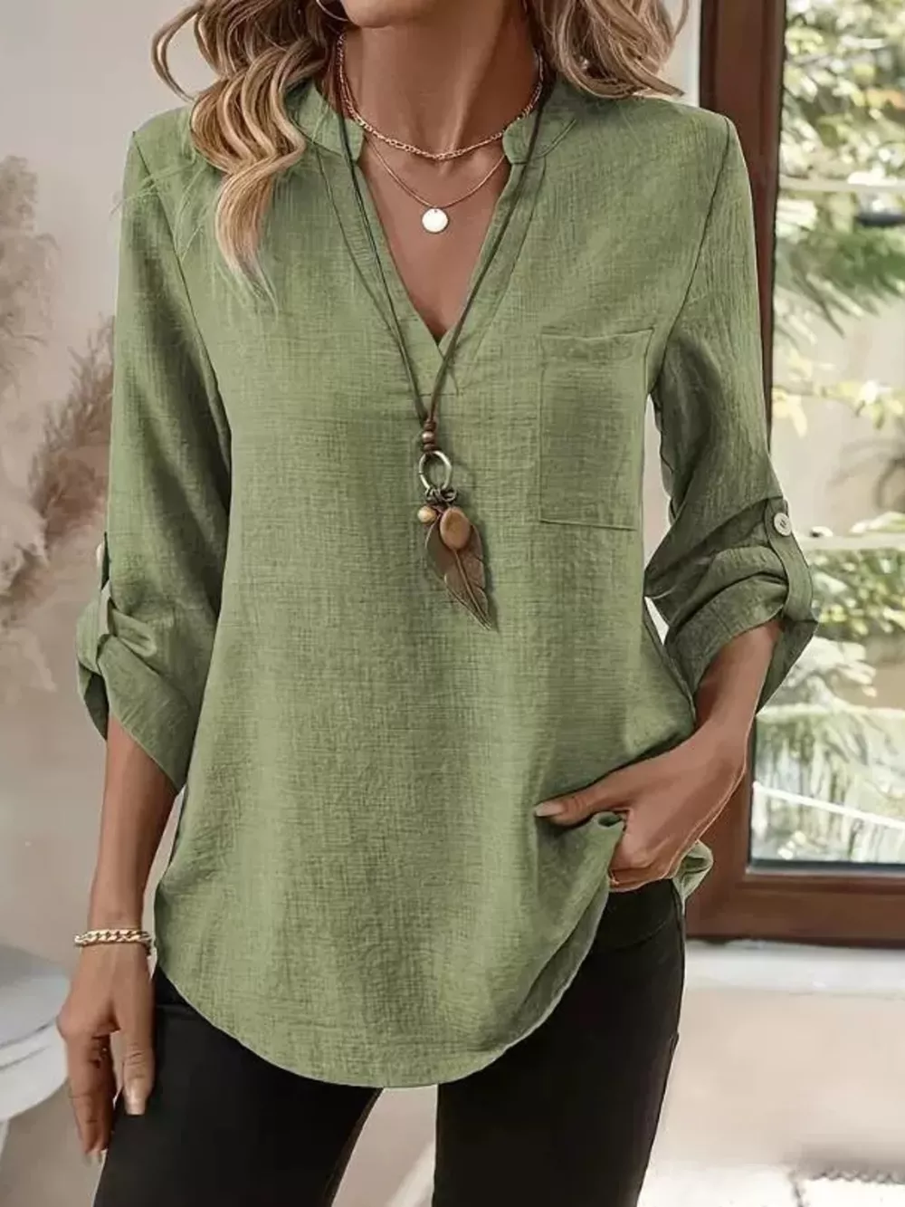 Casual V-Neck Roll-Sleeve T-Shirt with Pocket, image 11