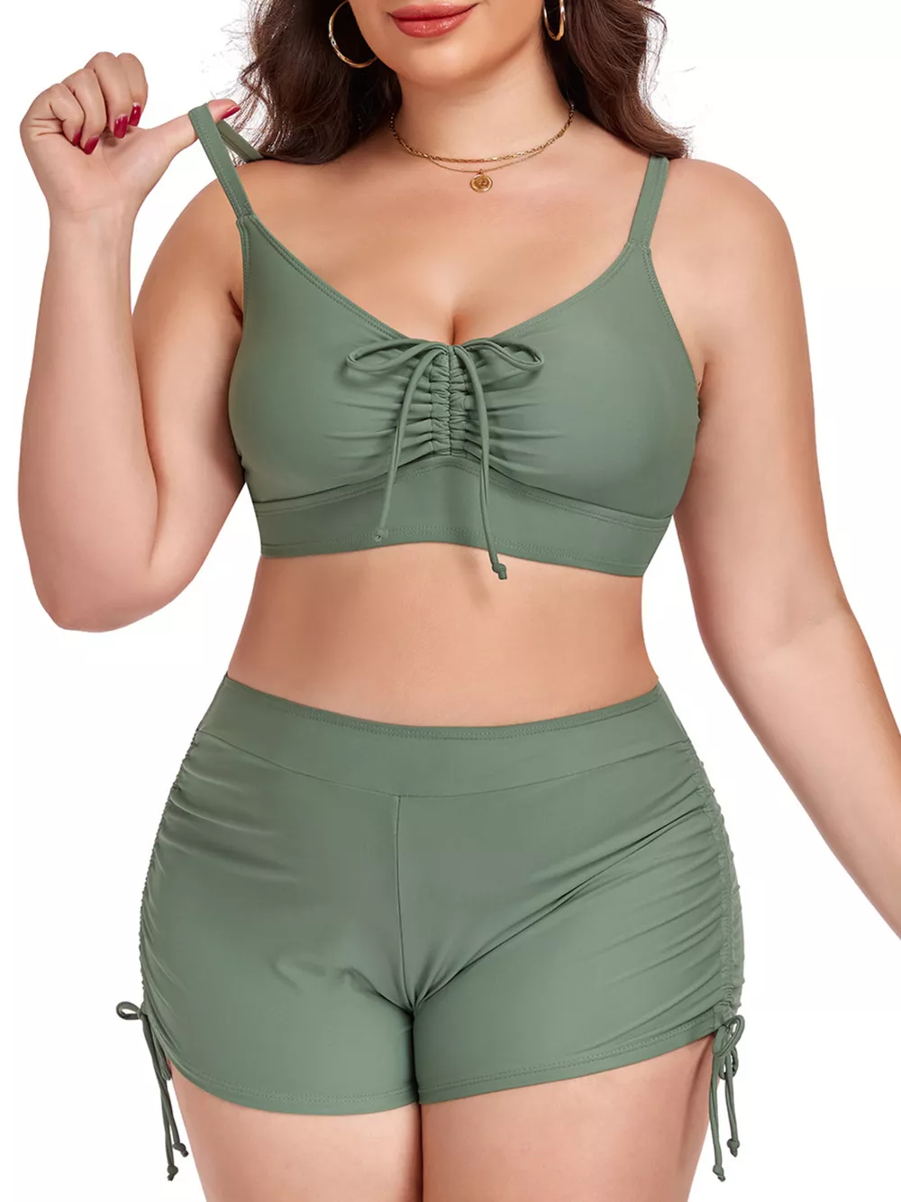 Plus Size Ruched Drawstring Swim Set, image 7