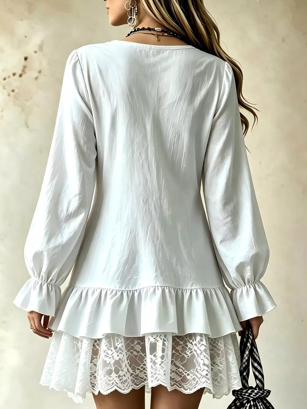 V-Neck Long Sleeve Ruffle Hem Lace Detail Dress, image 13