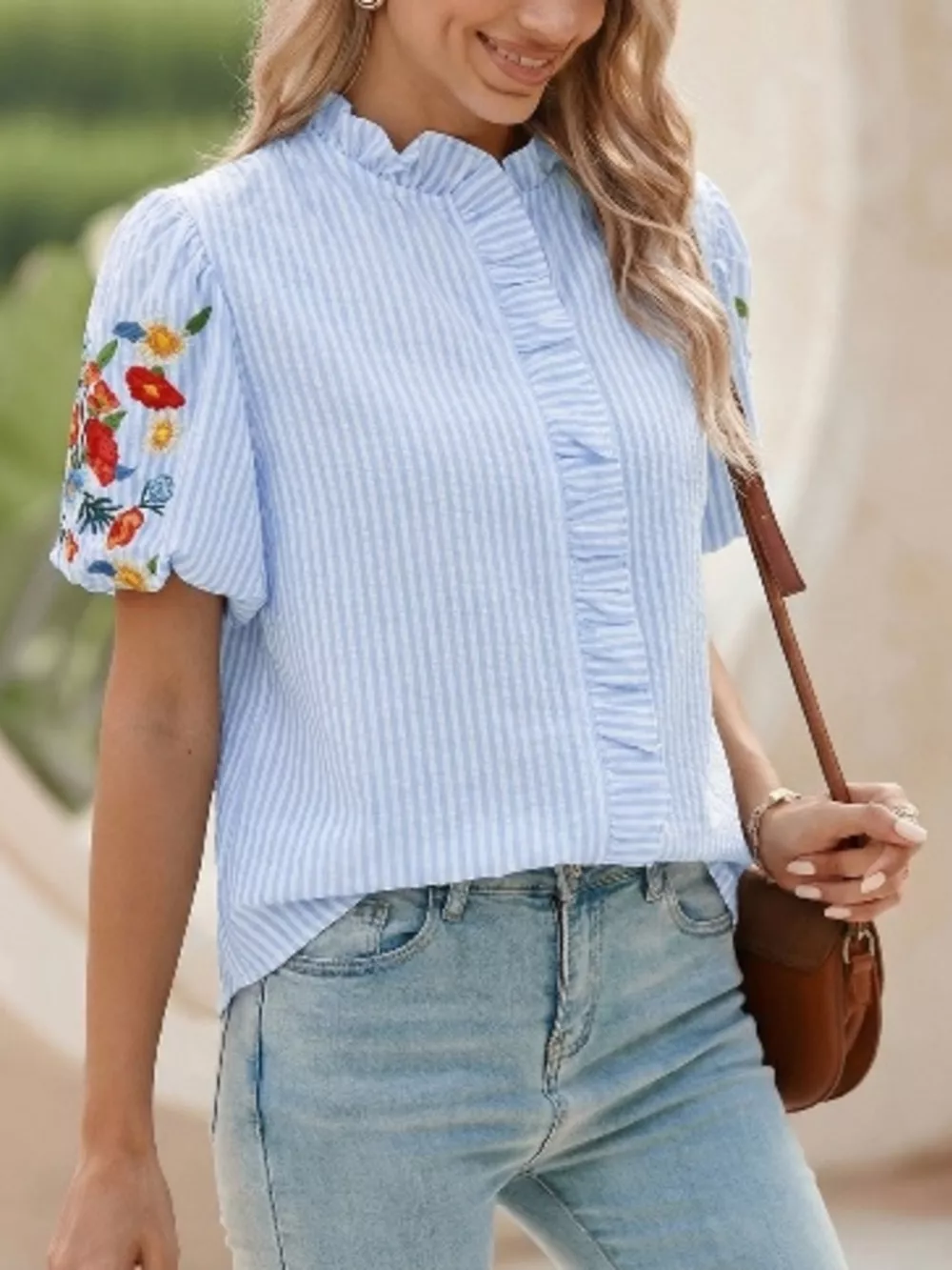 Stripe Floral Embroidered Puff Sleeve Ruffle Trim Shirt, image 3