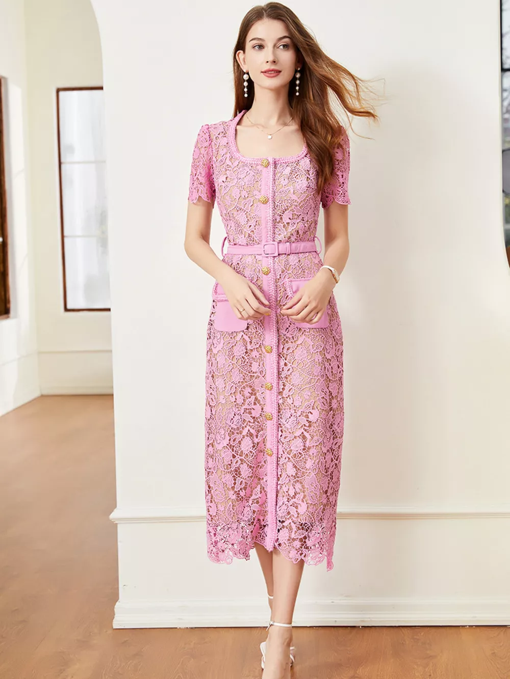 Lace Button-Up Midi Dress, image 10