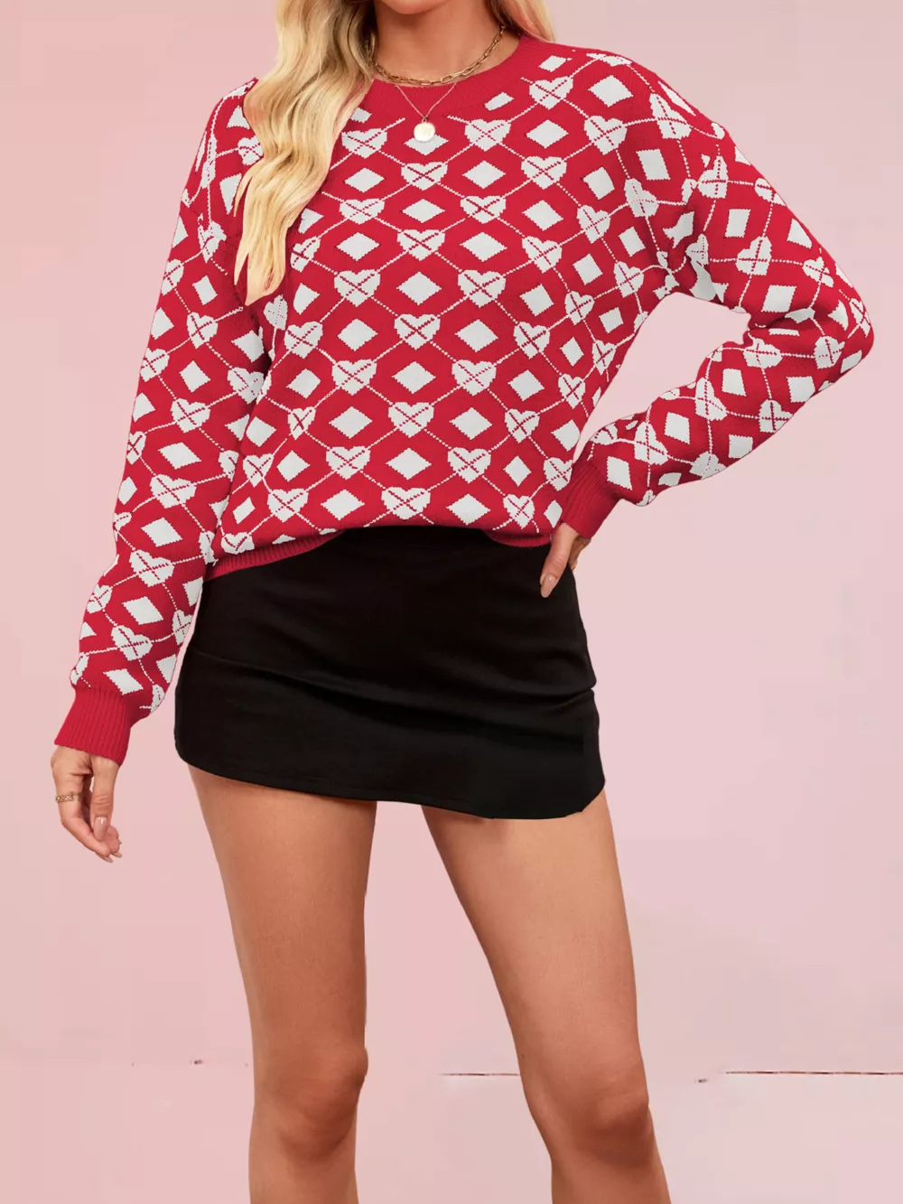 Heart Pattern Argyle Knit Long Sleeve Sweater