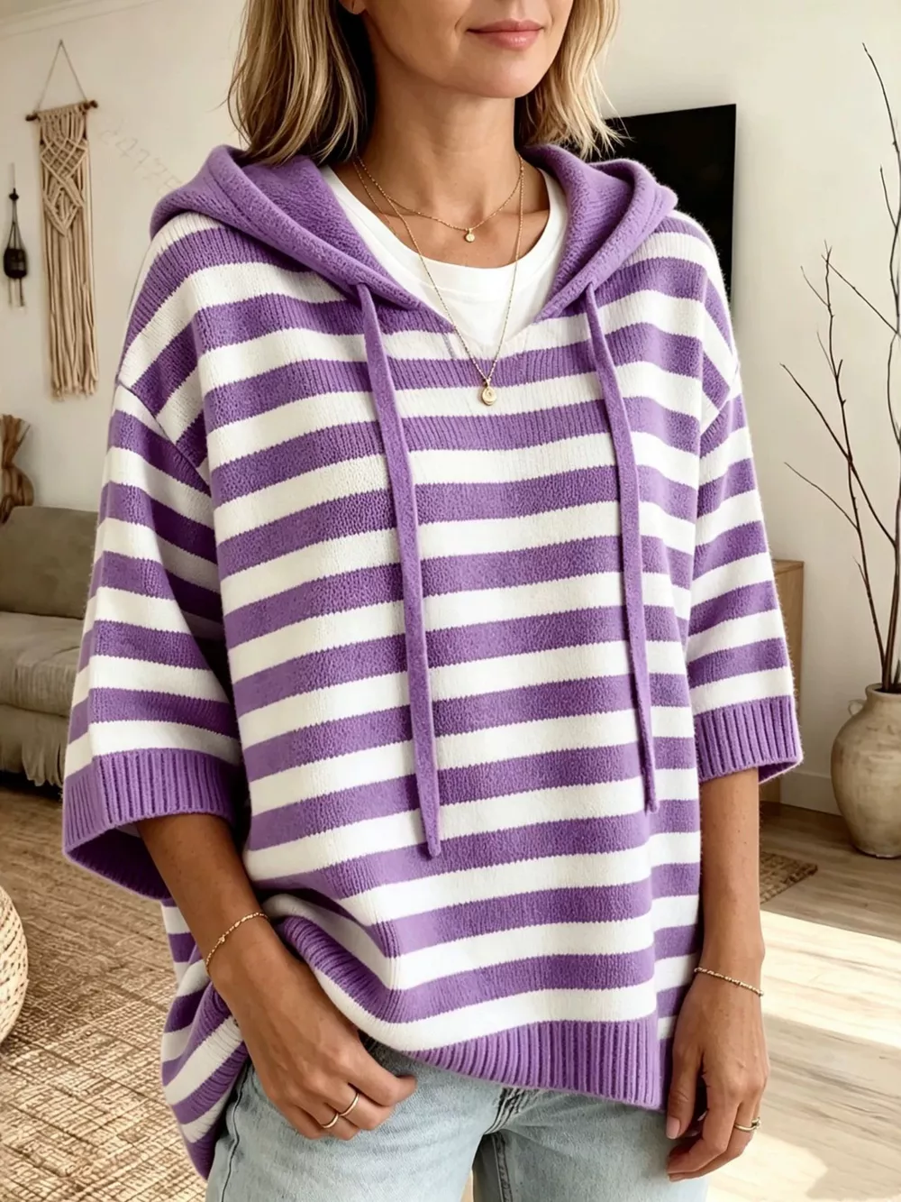 Full Size Drawstring Striped Hooded Sweater Plus Size, image 6