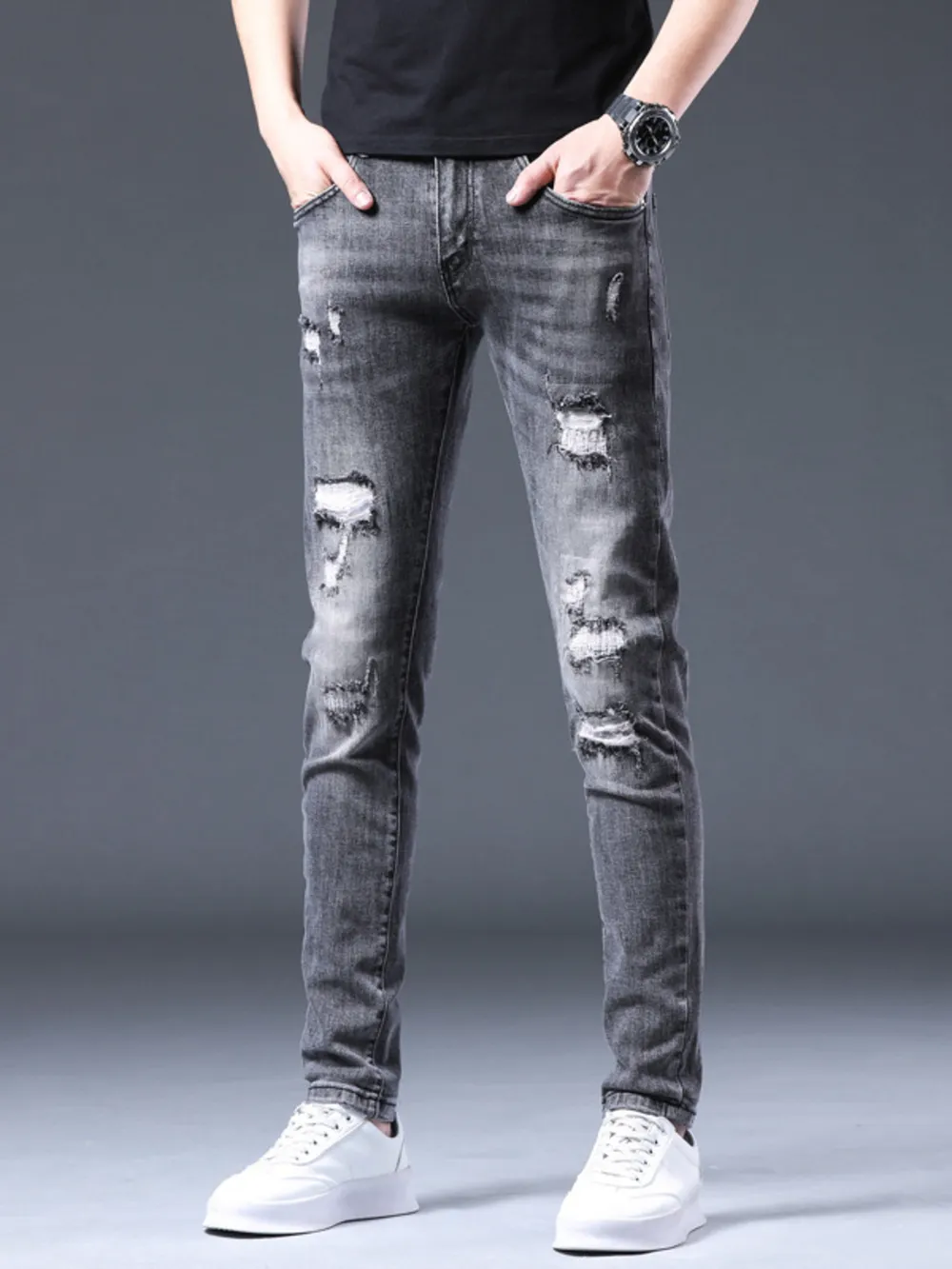 Men's Distressed Slim Fit Ripped Jeans, image 5