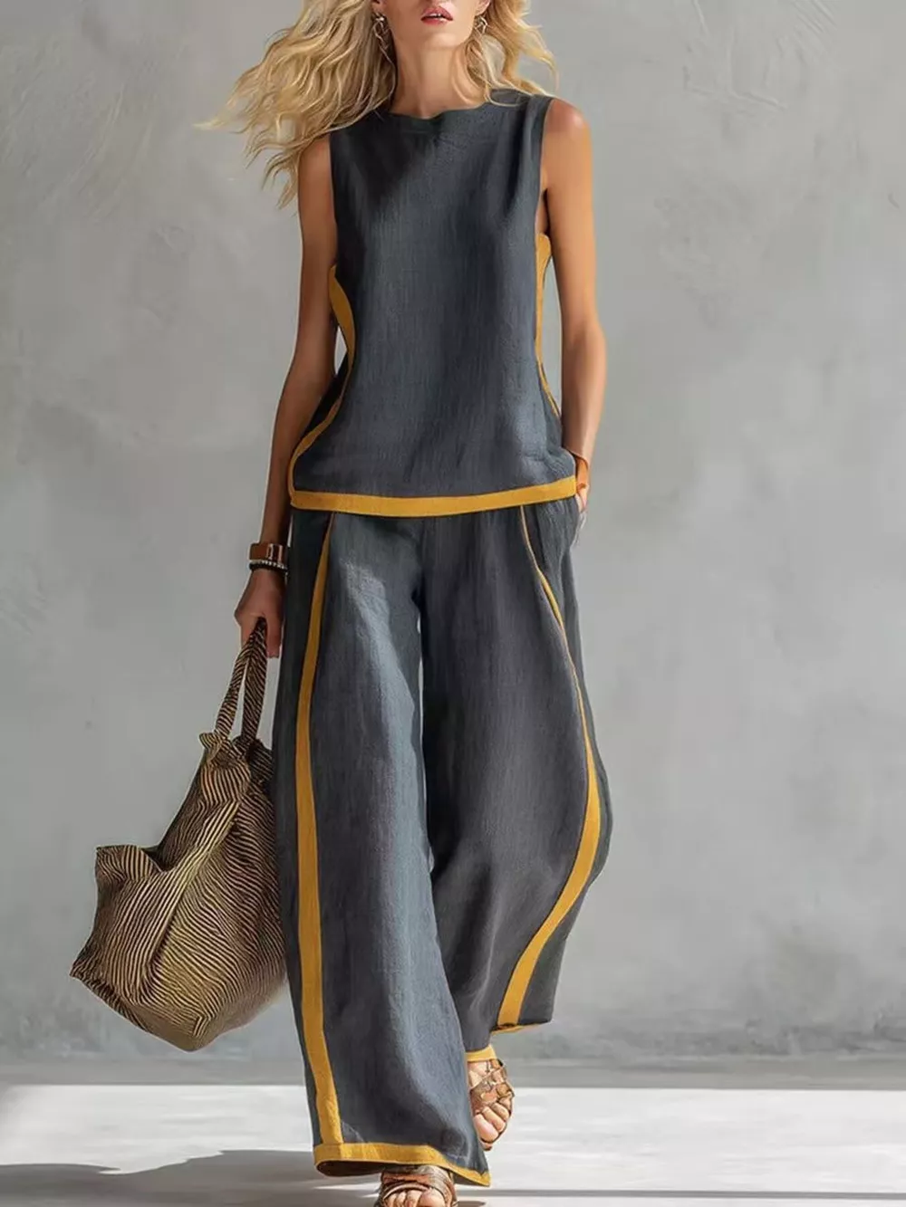 Full Size Contrast Stripe Sleeveless Top & Wide-Leg Pants Set Plus Size, image 2