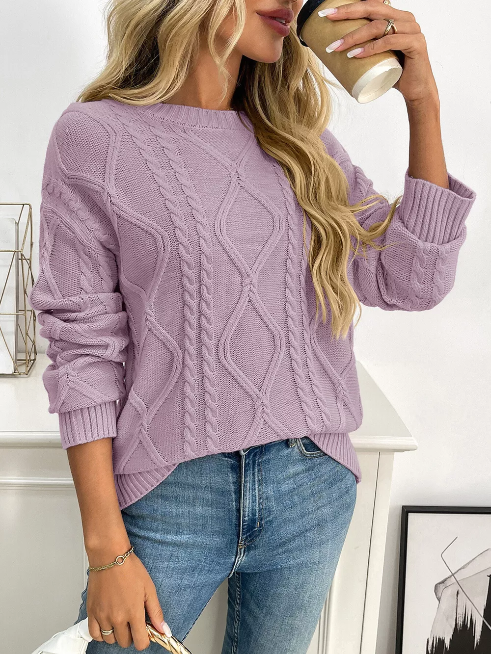 Cable Knit Round Neck Long Sleeve Sweater, image 7