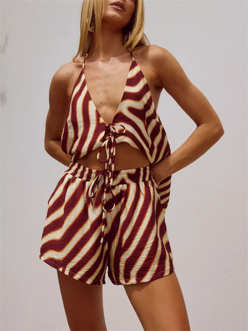Zebra Print Halter Neck Top and Shorts Set, image 5