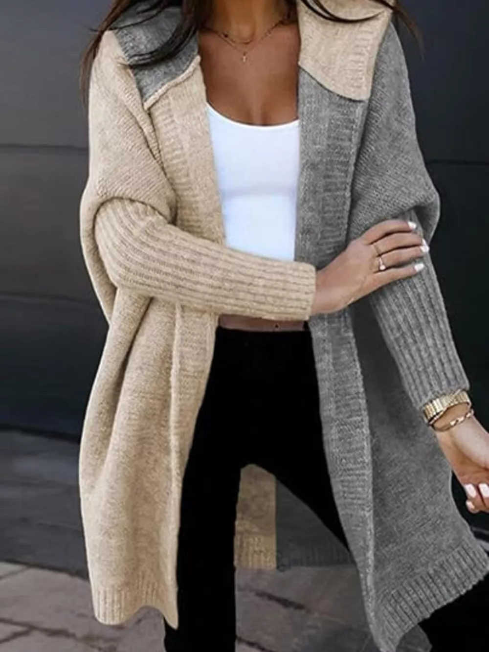 Two-Tone Open Front Knit Hooded Cardigan, image 10