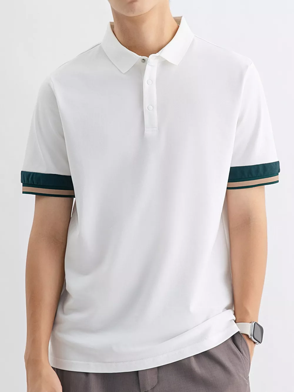 Men's Plus Size Button Detail Striped Cuff Polo, image 3