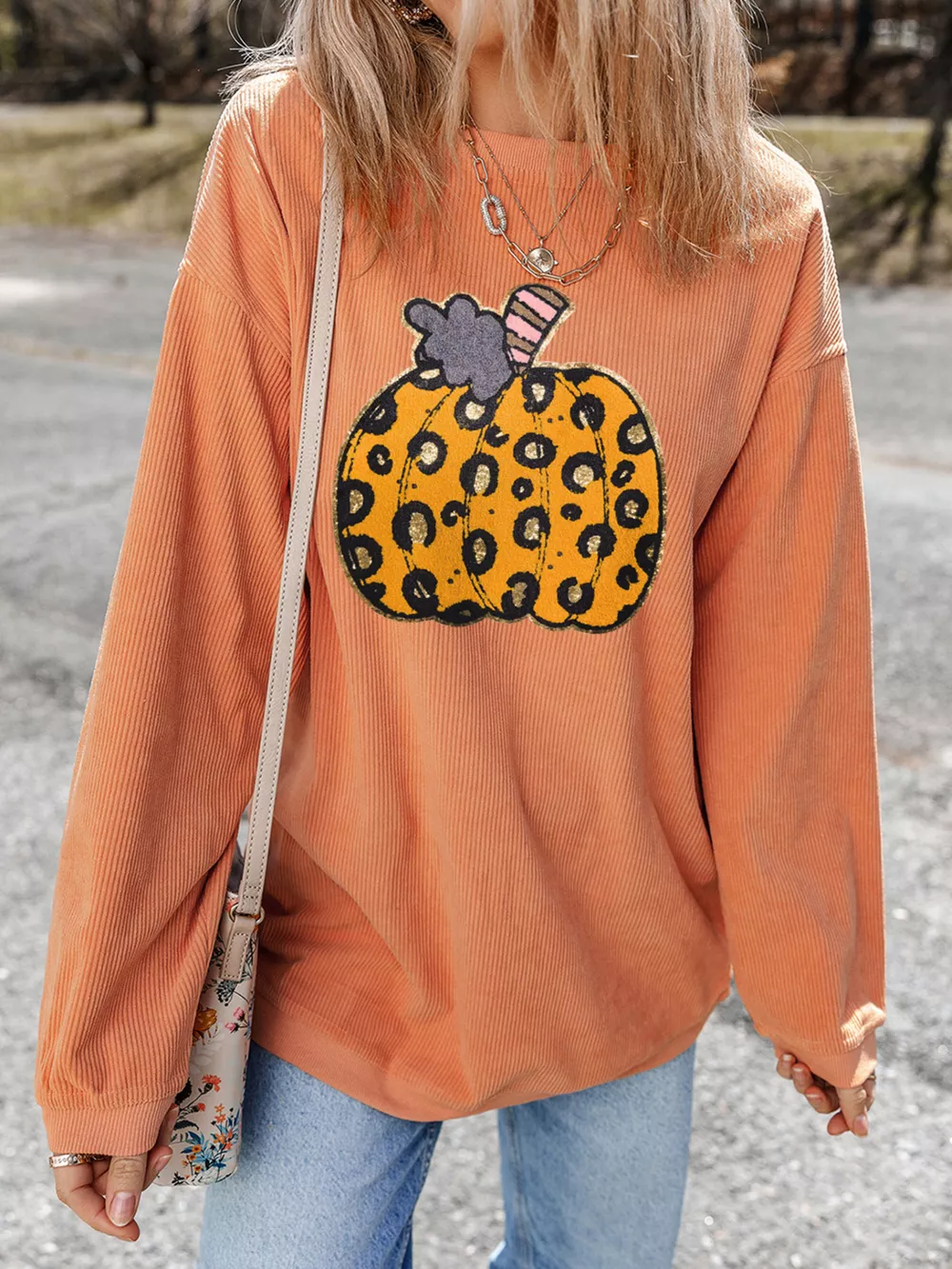 Halloween Leopard Pumpkin Patchwork Ribbed Sweatshirt, image 2