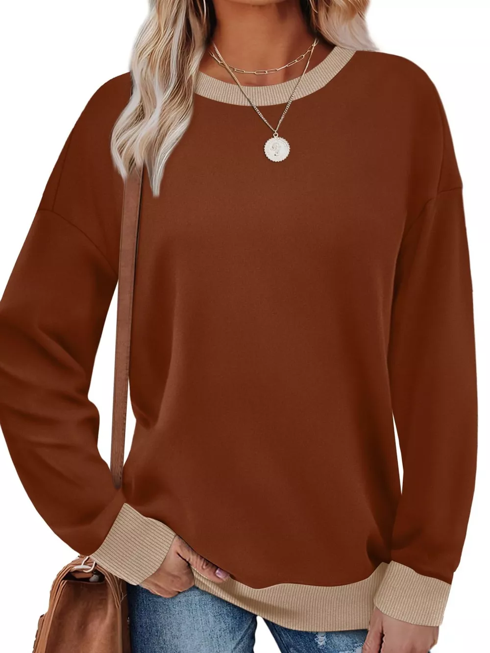 Contrast Trim Crew Neck Casual Sweatshirt, image 20