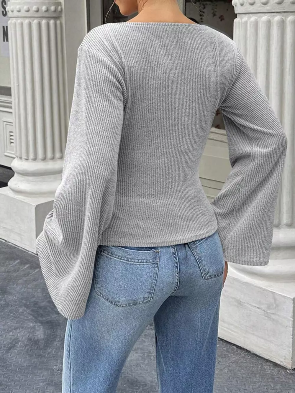 Ribbed Flare Sleeve Top with Ruched Detail, image 3