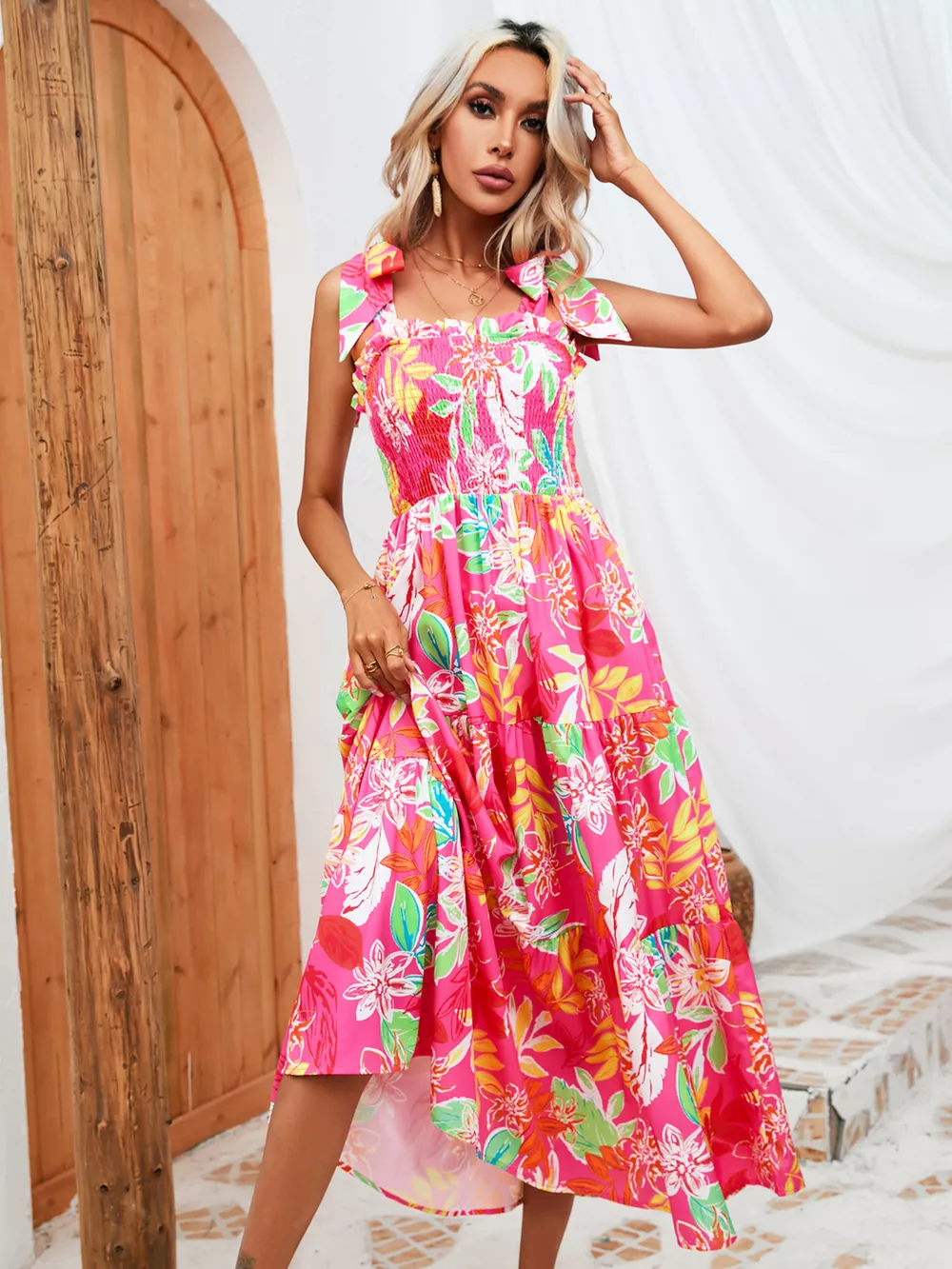 Tropical Print Smocked Tie-Strap Dress, image 15