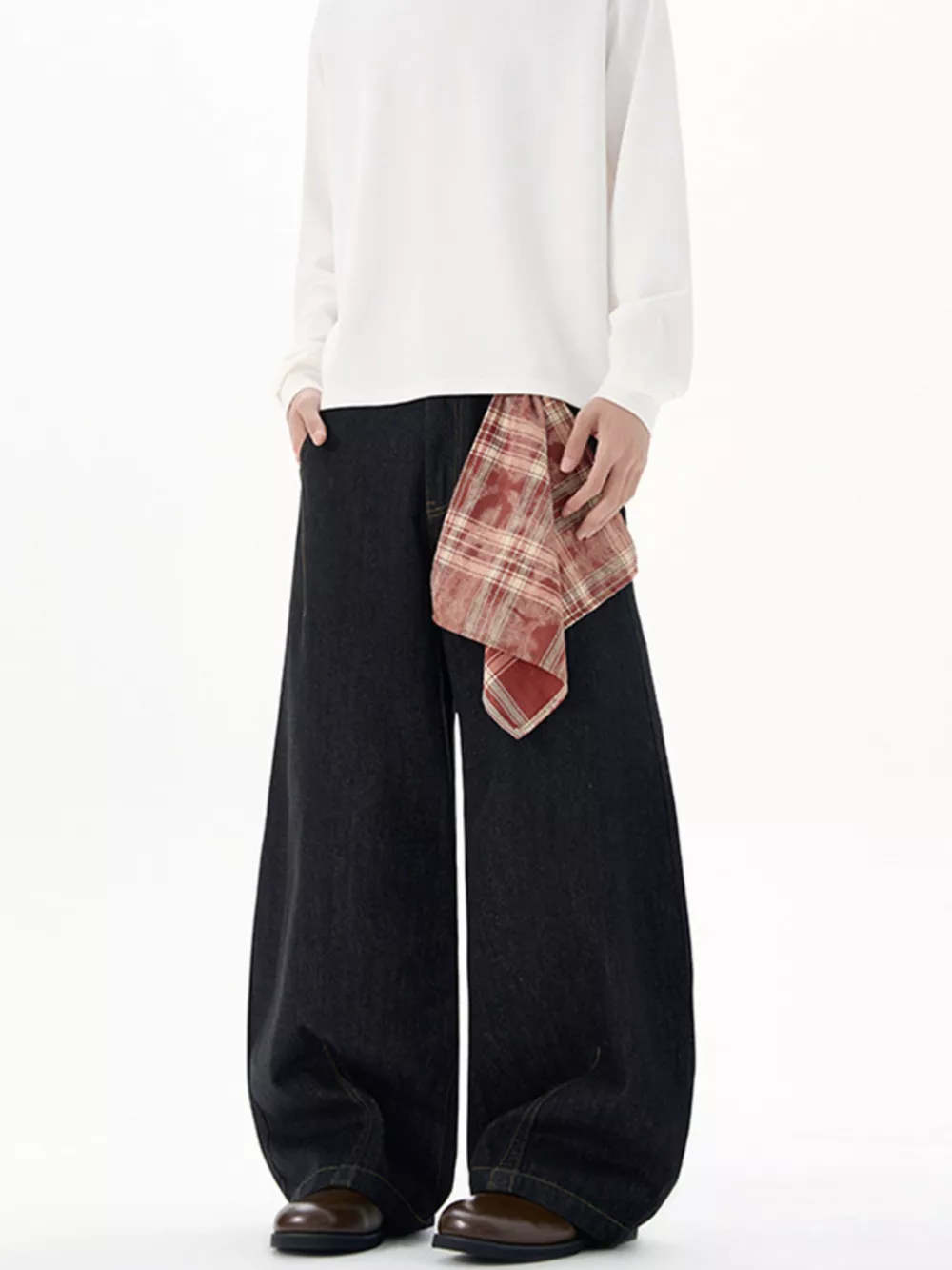 Men's Plus Size Wide Leg Jeans with Detachable Square Scarf