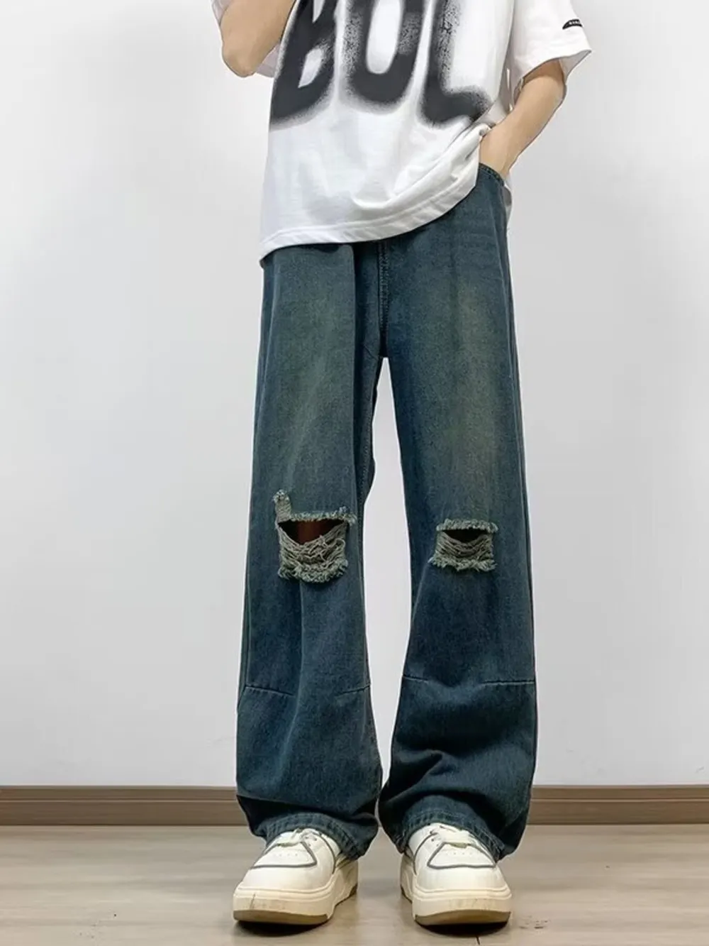 Men's Full Size Distressed Wide Leg Jeans Plus Size