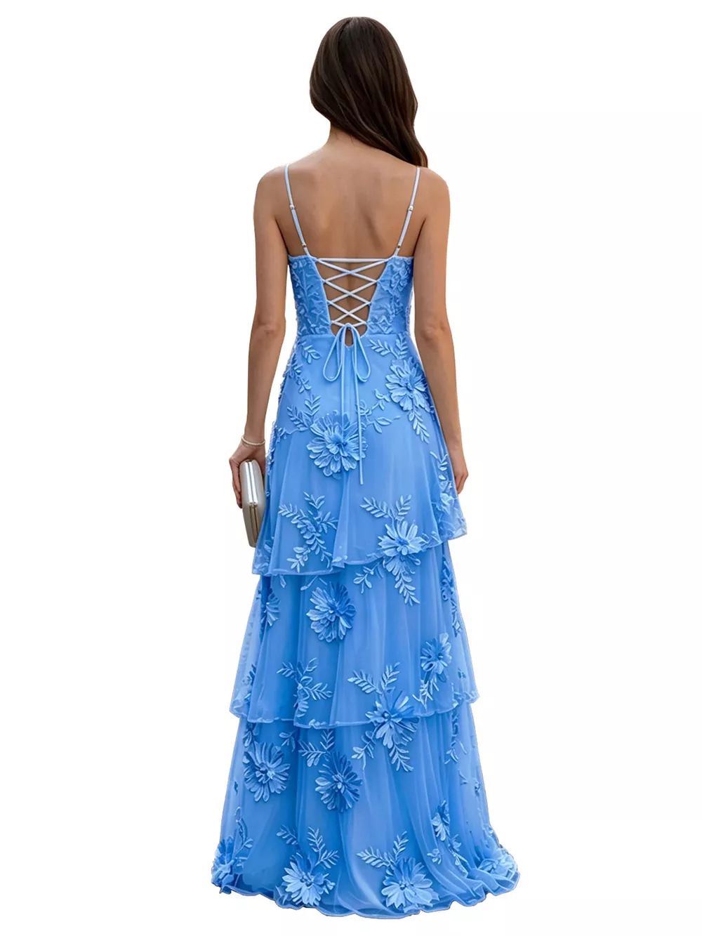 Floral Applique Tiered Maxi Dress with Lace Up Detail, image 3