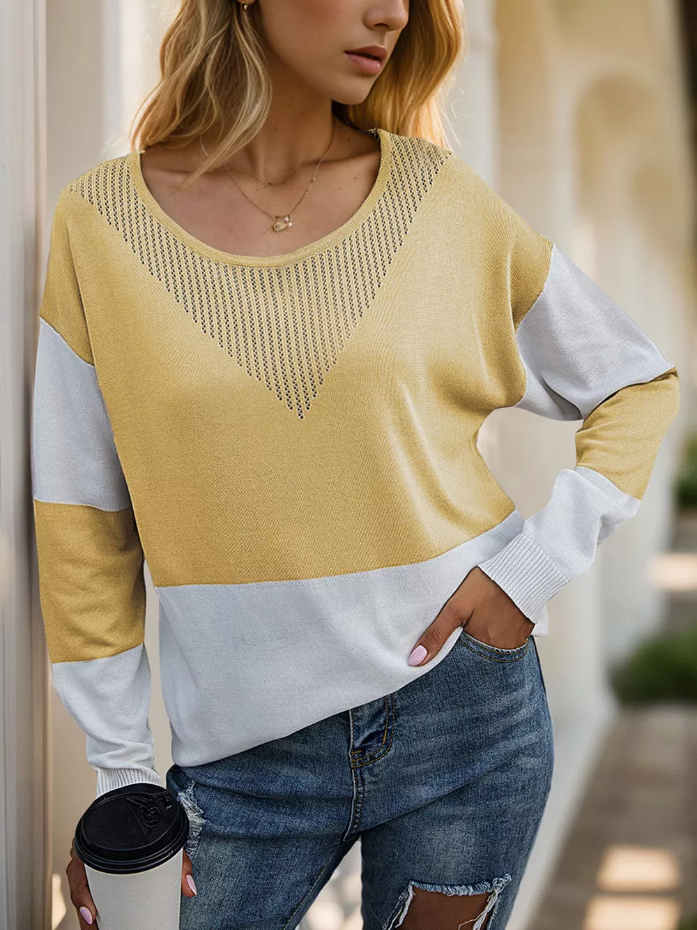Color Block V-Neck Knit Top, image 2