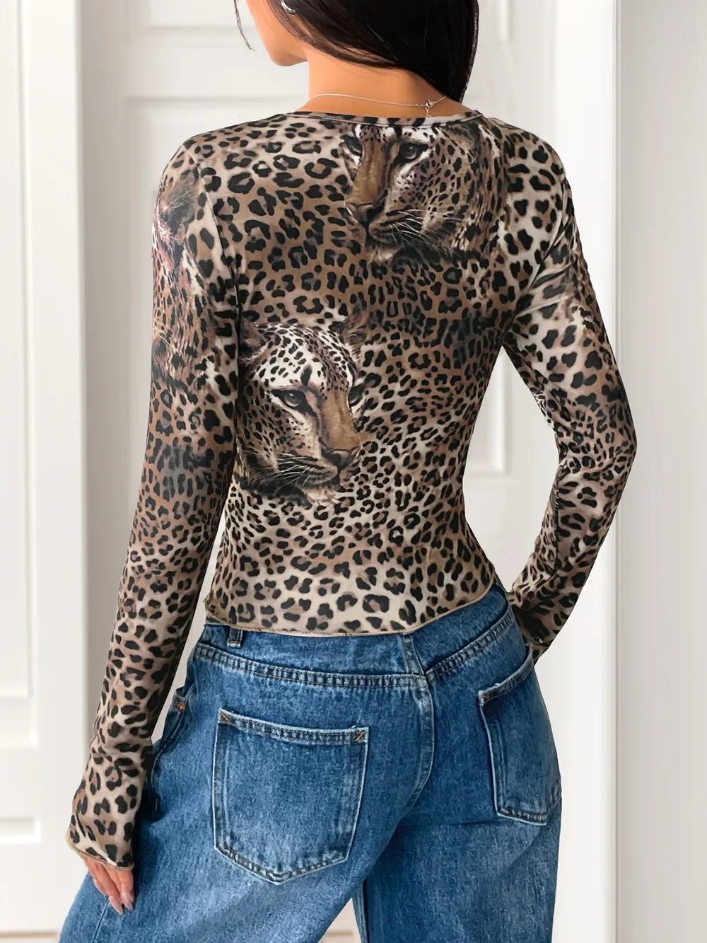 Leopard Print Long Sleeve Fitted T-Shirt, image 9