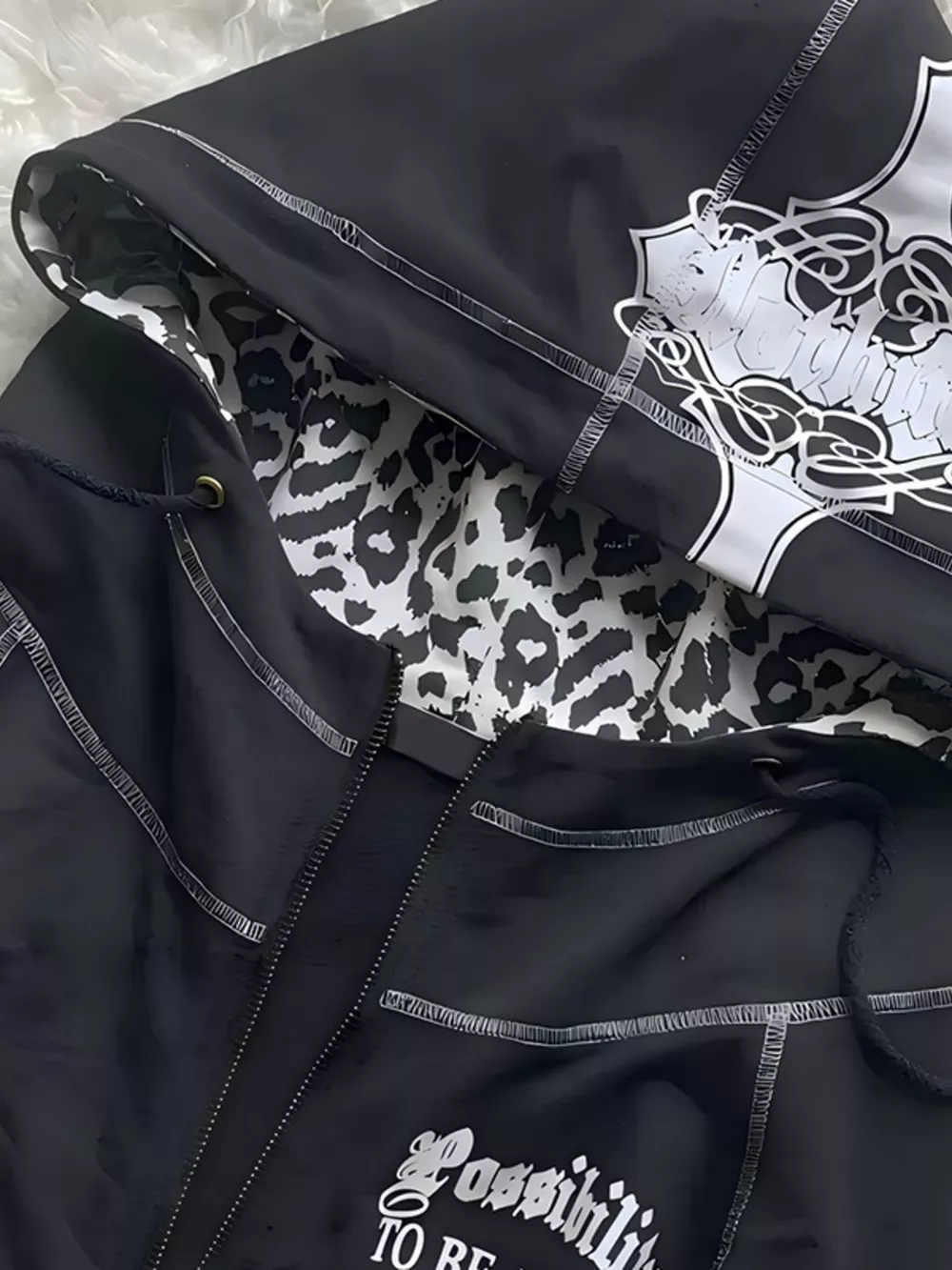 Gothic Cross Leopard Lined Zip-Up Hoodie, image 4