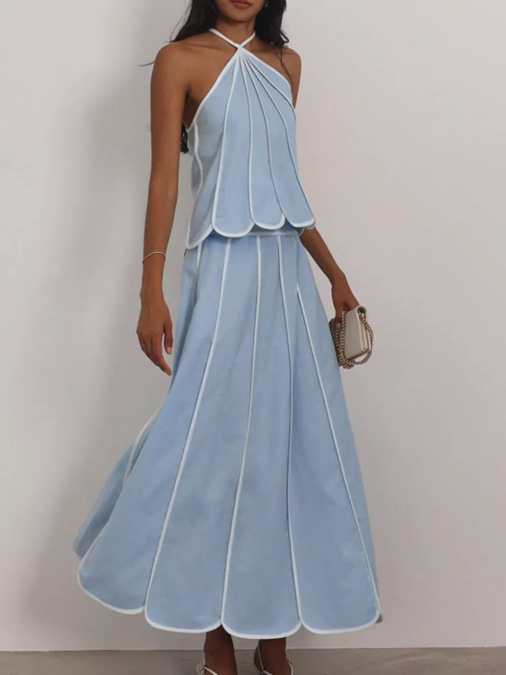 Halter Neck Scalloped Hem Top and Skirt Set, image 3