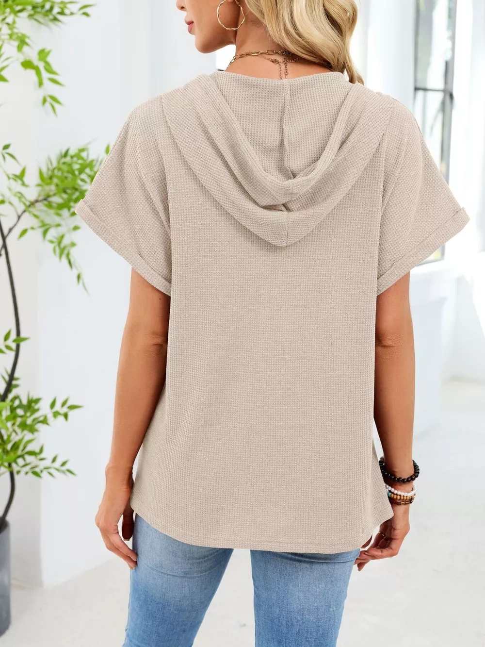 Casual Waffle Knit Button Detail Hooded Top, image 17